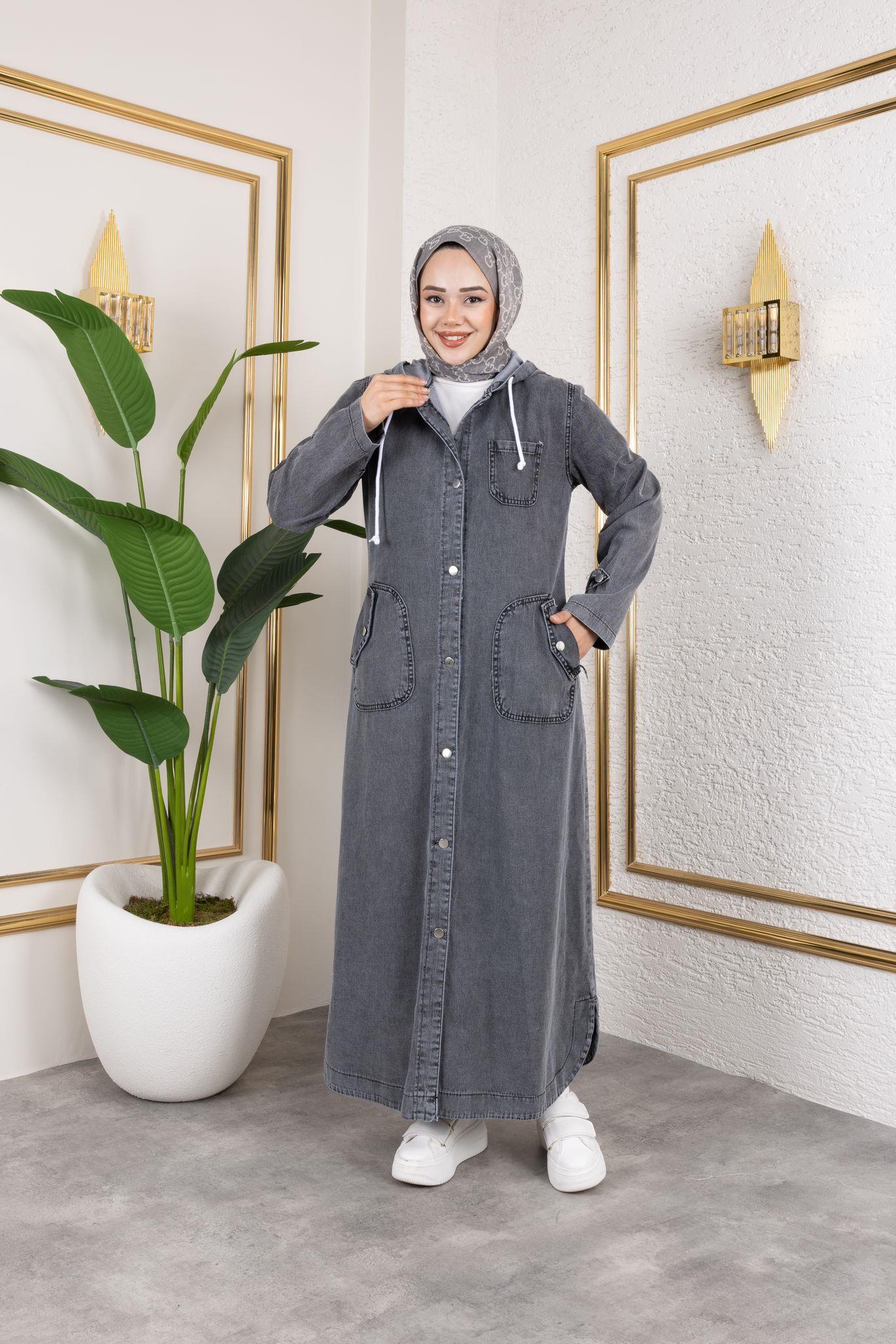 Kadın Cepli Düğmeli Kapüşonlu Denim Kot Trençkot
