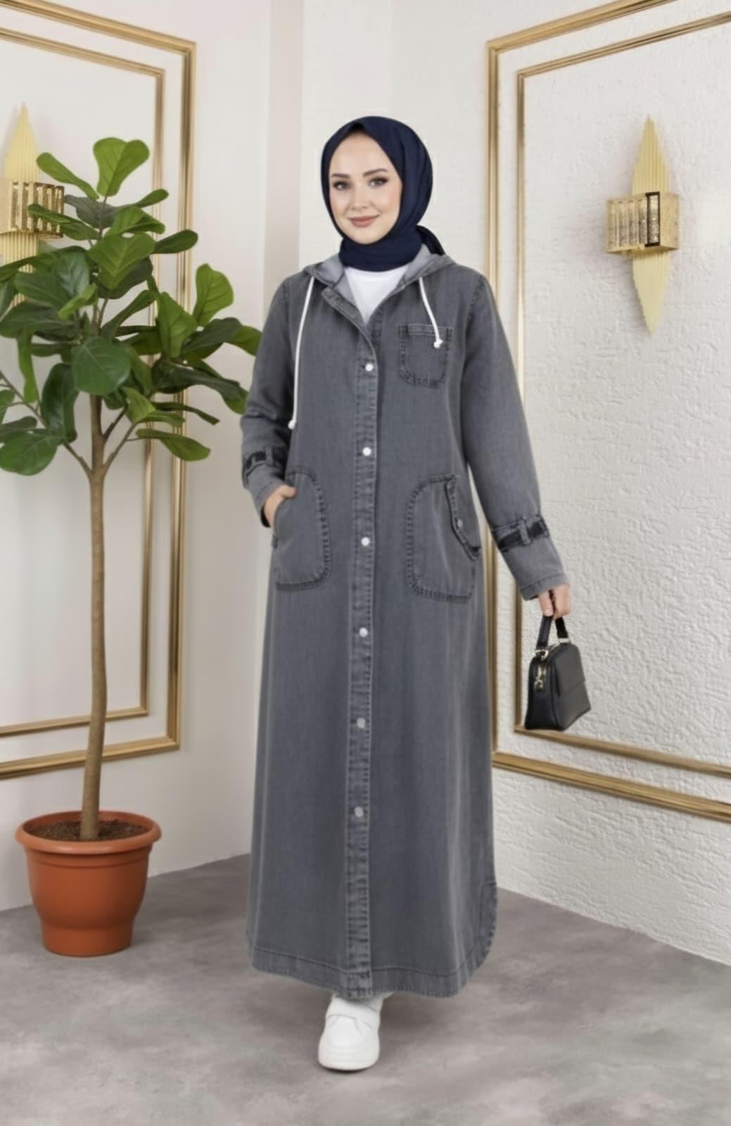 Kadın Cepli Düğmeli Kapüşonlu Denim Koyu Gri Trençkot