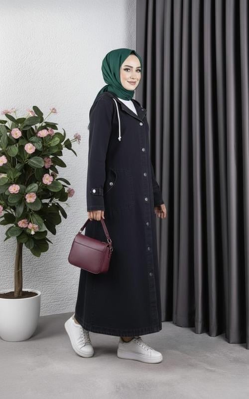 Kadın Cepli Düğmeli Kapüşonlu Denim Siyah Trençkot