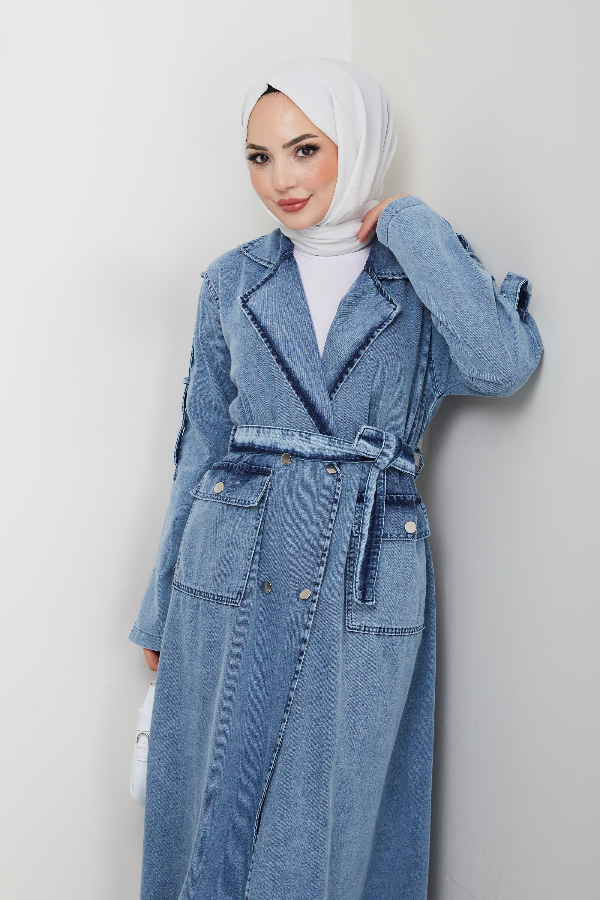 Kadın Cepli Kuşaklı Denim Mavi Trençkot