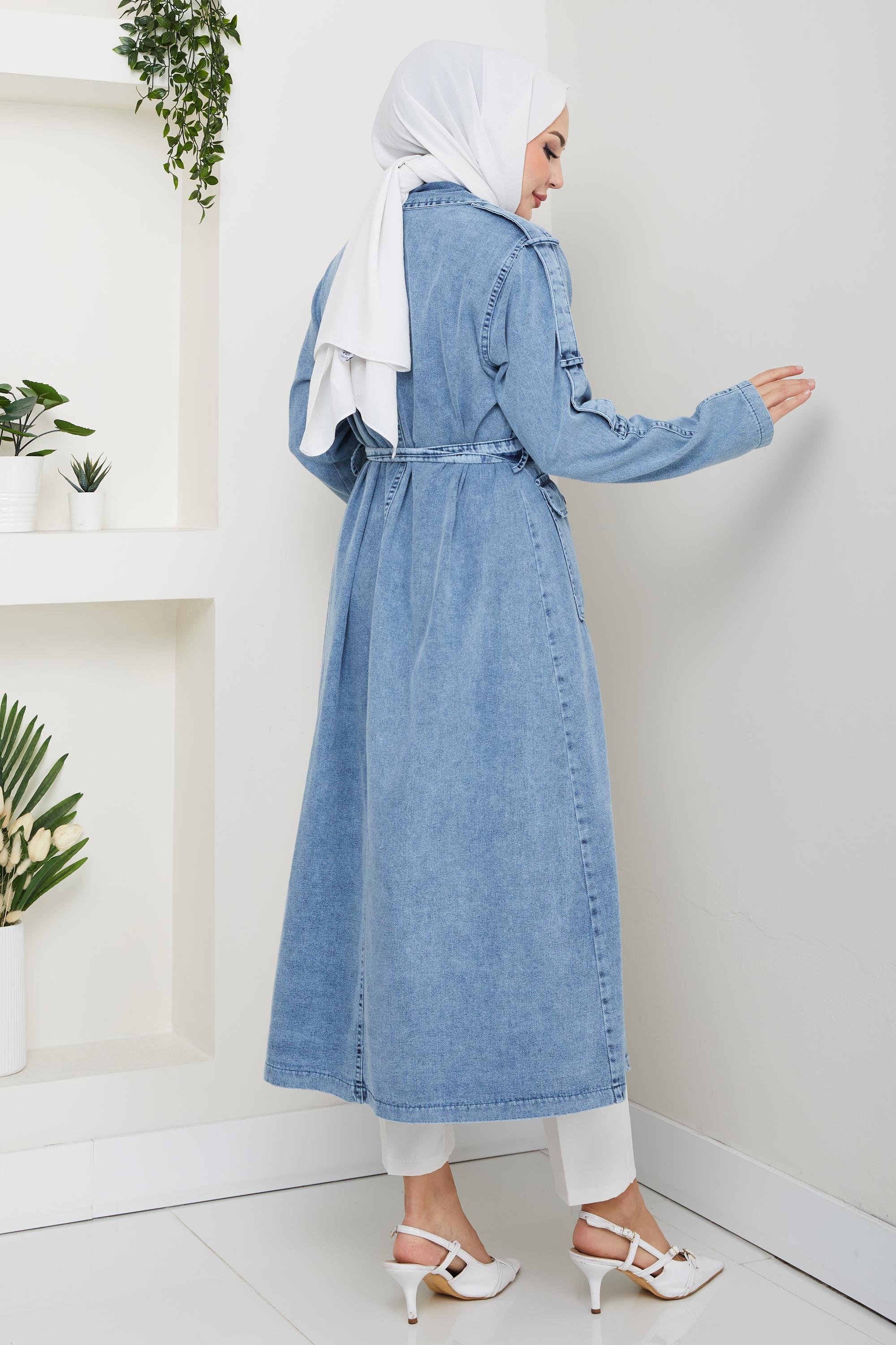 Kadın Cepli Kuşaklı Denim Mavi Trençkot