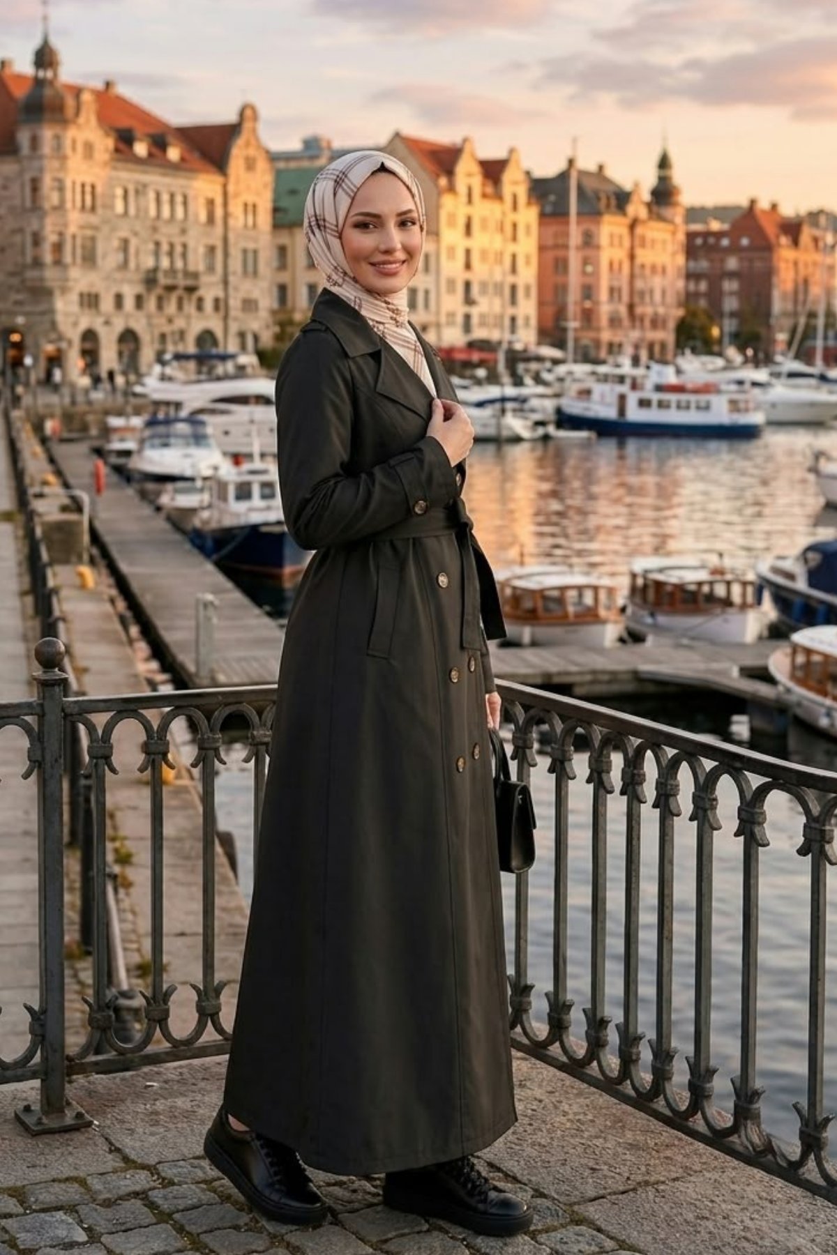 Kadın Çift Düğmeli Kuşaklı Astarlı Bondit Siyah Trençkot