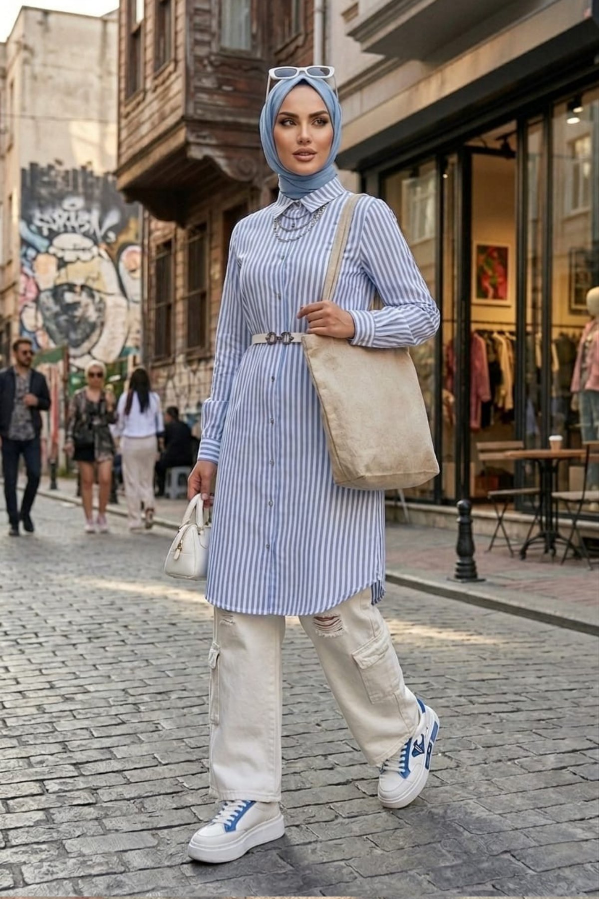 Kadın Çizgi Desenli Kemerli  Keten Mavi Gömlek