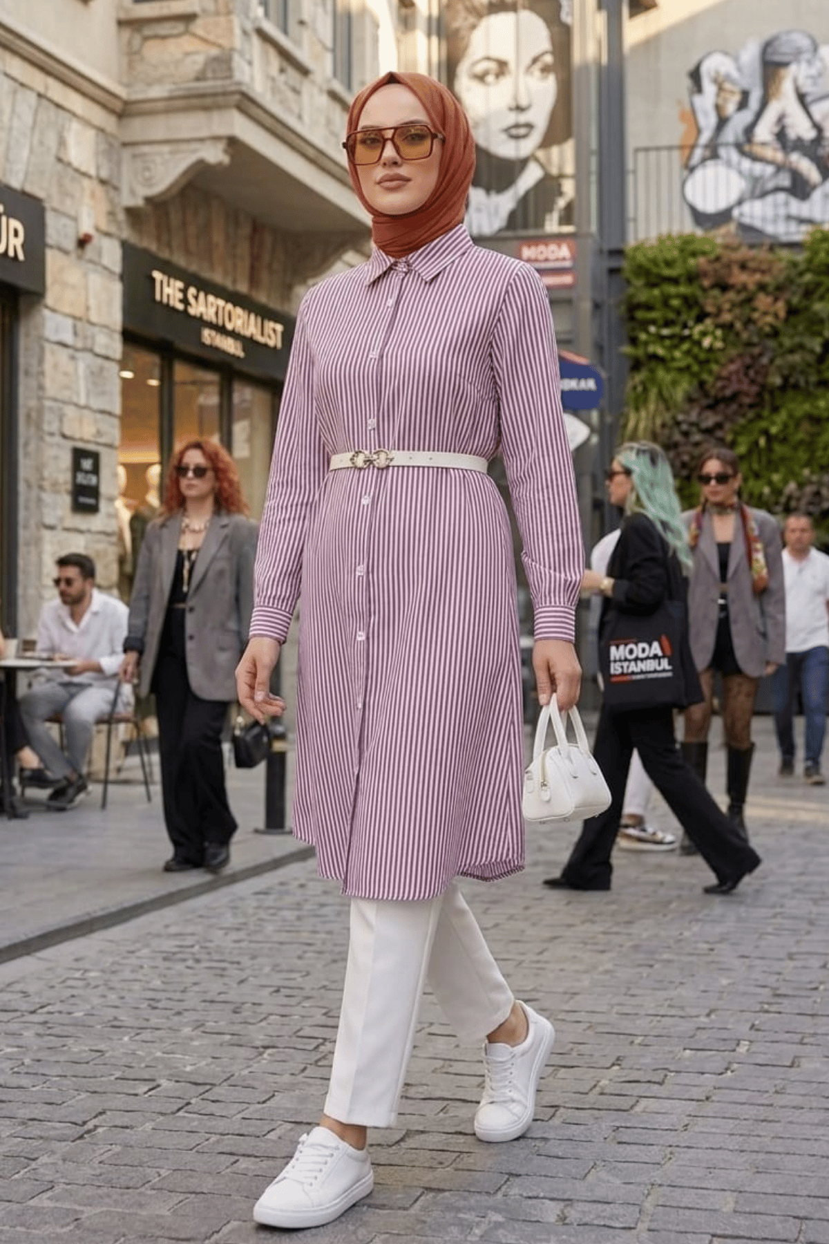 Kadın Çizgi Desenli Kemerli  Keten Mor Gömlek