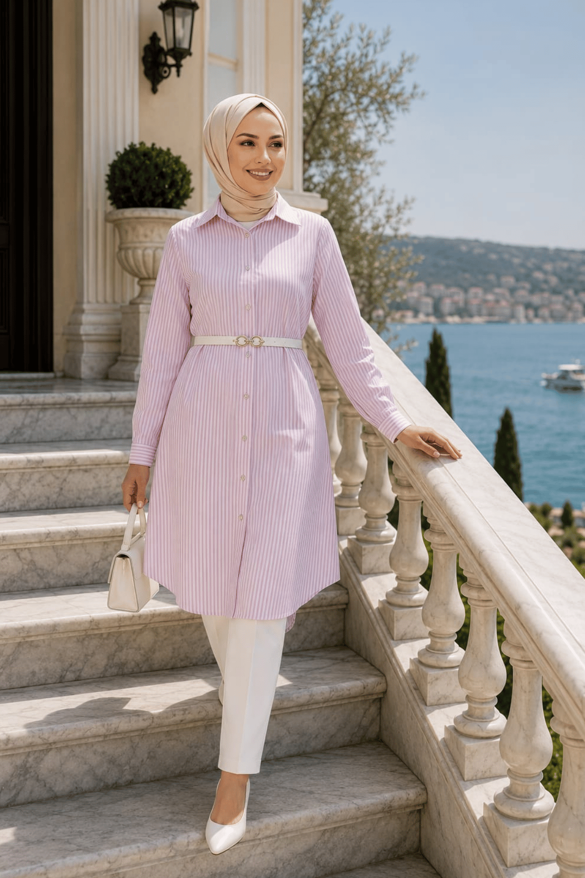 Kadın Çizgi Desenli Kemerli  Keten Pembe Gömlek