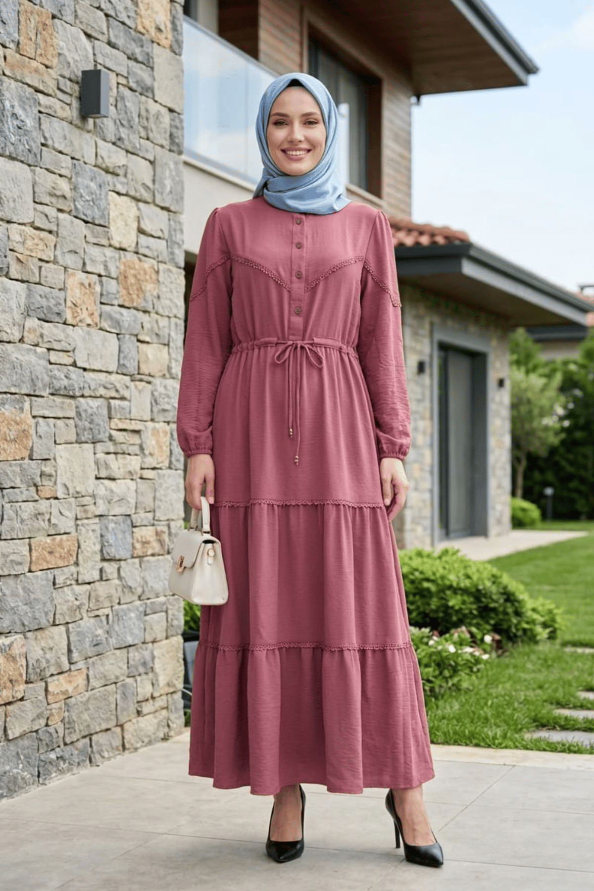 Kadın Dantel Detaylı Bel Bağcıklı Pembe Ayrobin Elbise