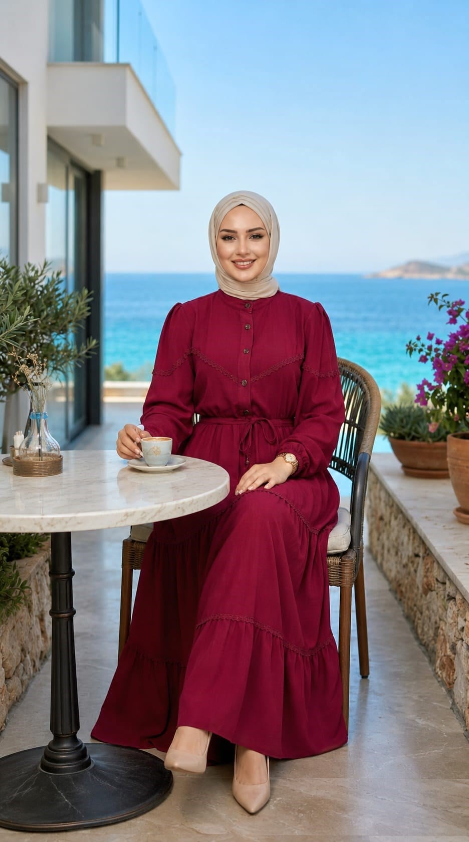 Kadın Dantel Detaylı Beli Bağcıklı Ayrobin Bordo Elbise