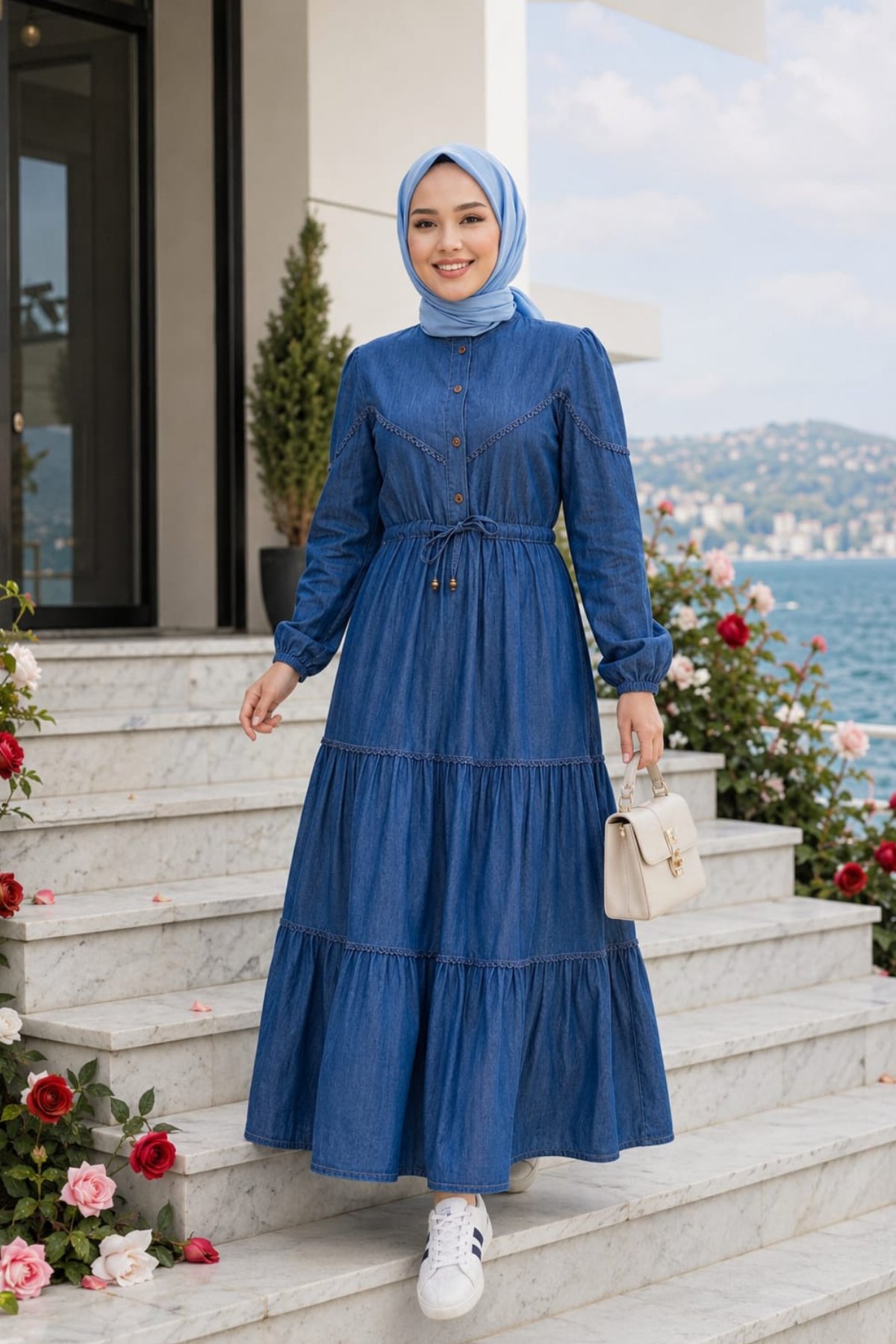 Kadın Dantel Detaylı Düğmeli ve Bağcıklı Kot Koyu Mavi Elbise