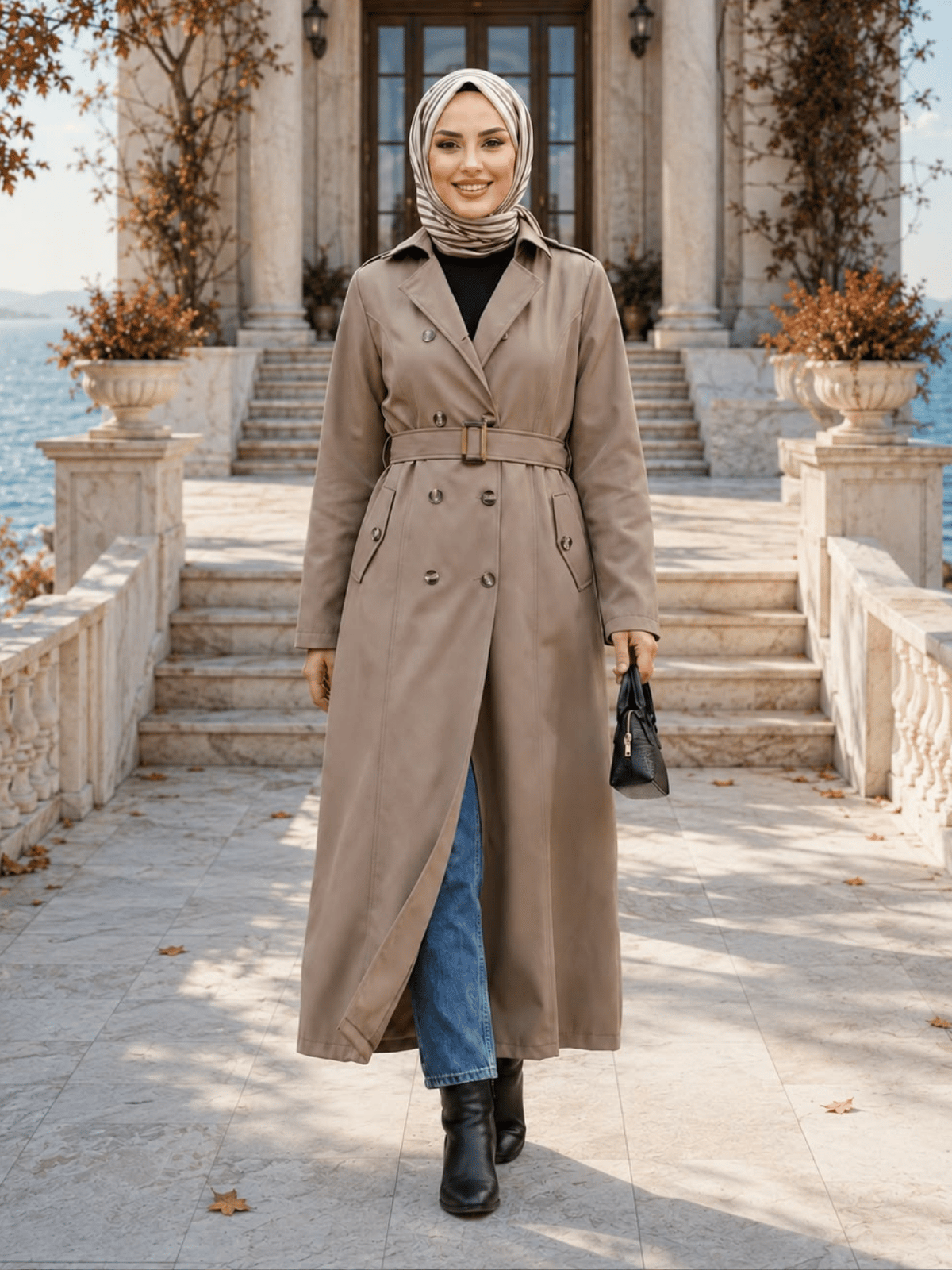 Kadın Düğmeli Astarlı Kemerli Bondit Bej Trenç