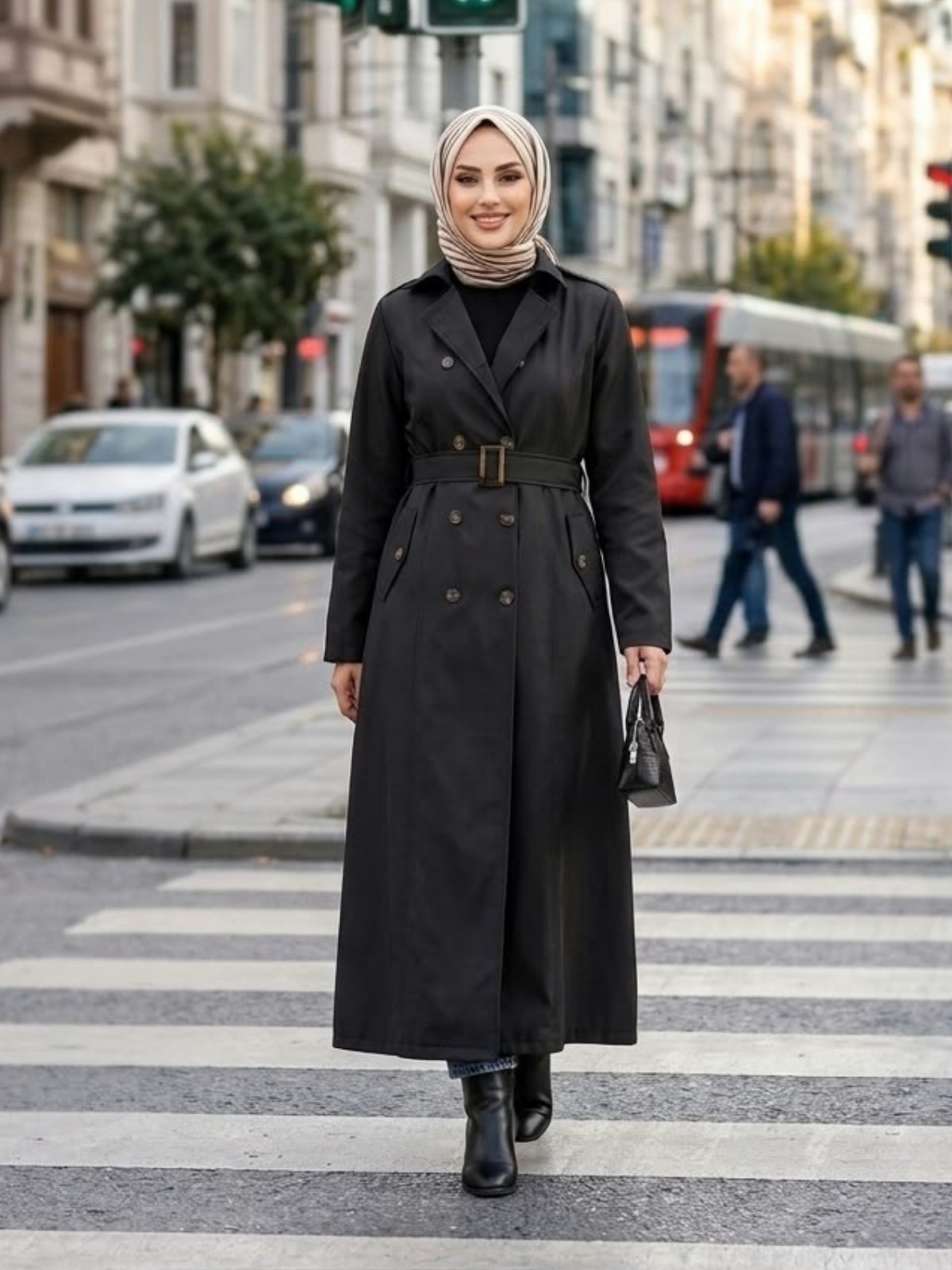 Kadın Düğmeli Astarlı Kemerli Bondit Siyah Trenç