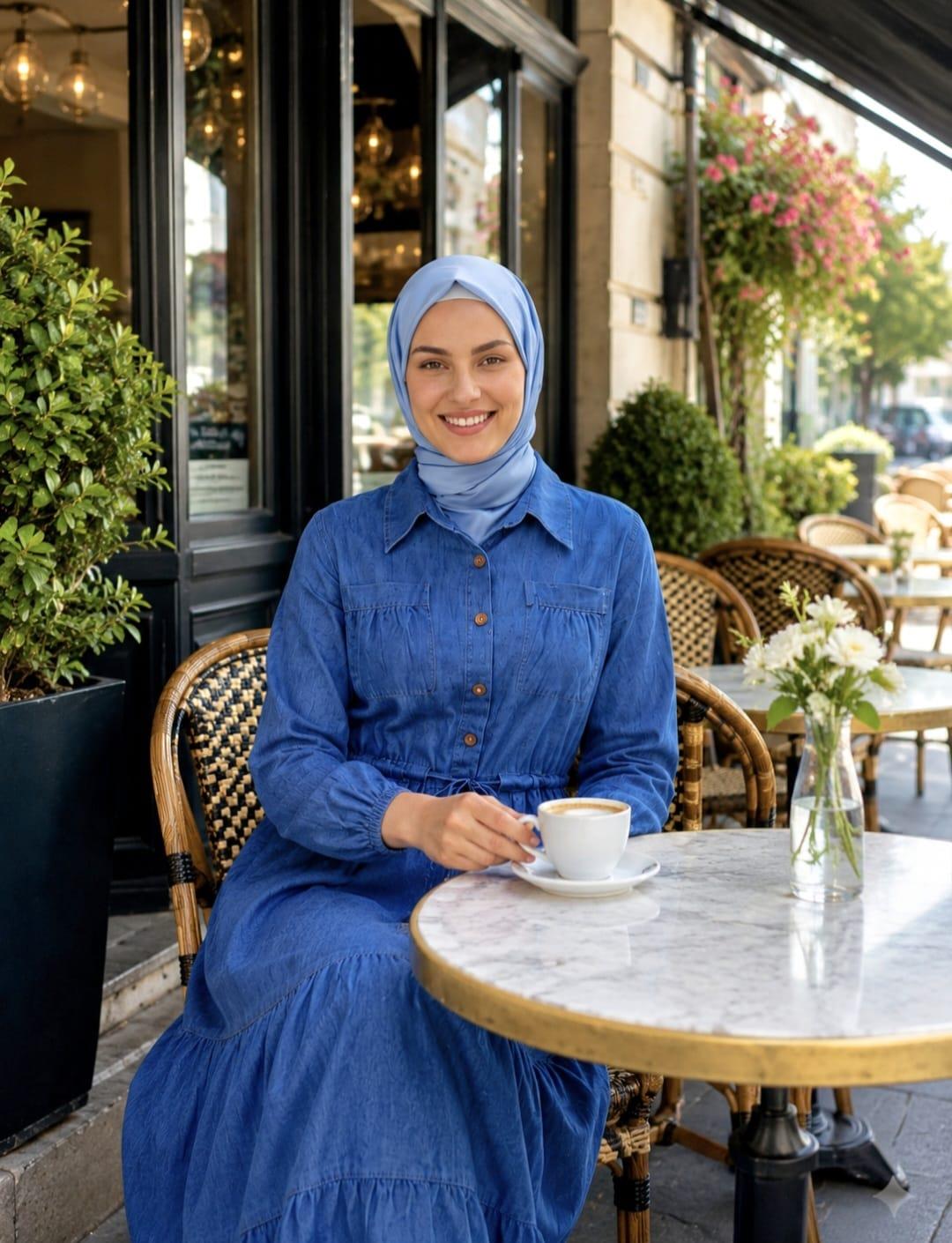 Kadın Düğmeli Cepli Bağcıklı Tensel Kumaş Koyu Mavi Kot Elbise