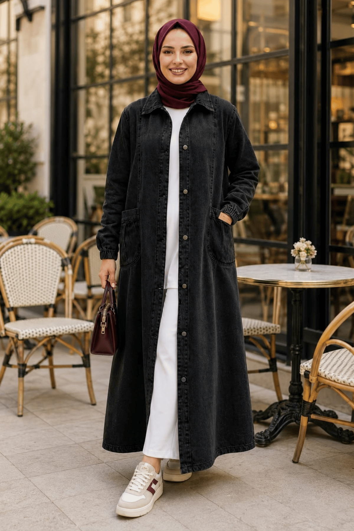 Kadın Düğmeli Cepli Denim Siyah Kot  Kap
