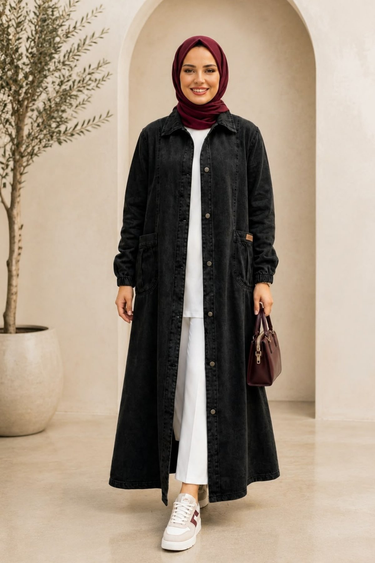 Kadın Düğmeli Cepli Denim Siyah Kot  Kap