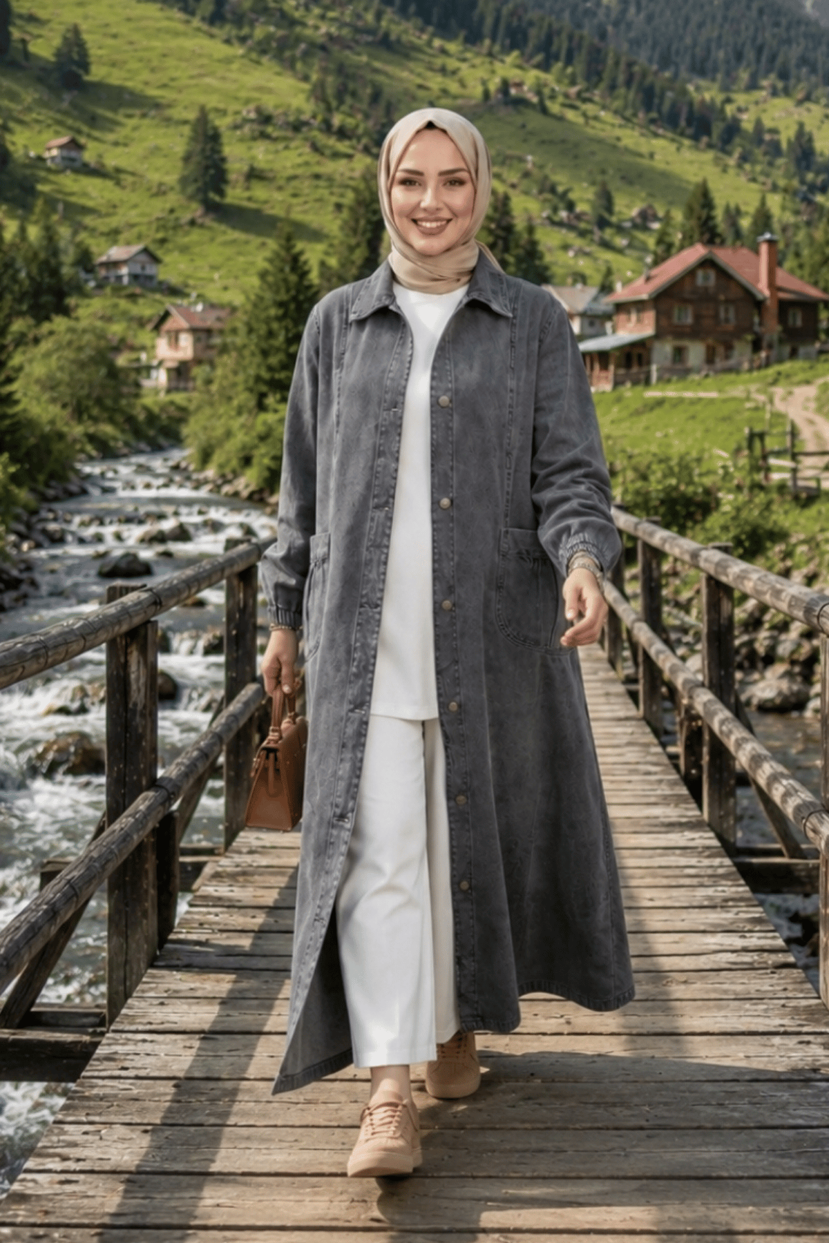 Kadın Düğmeli Cepli Gri Denim Kot Kap