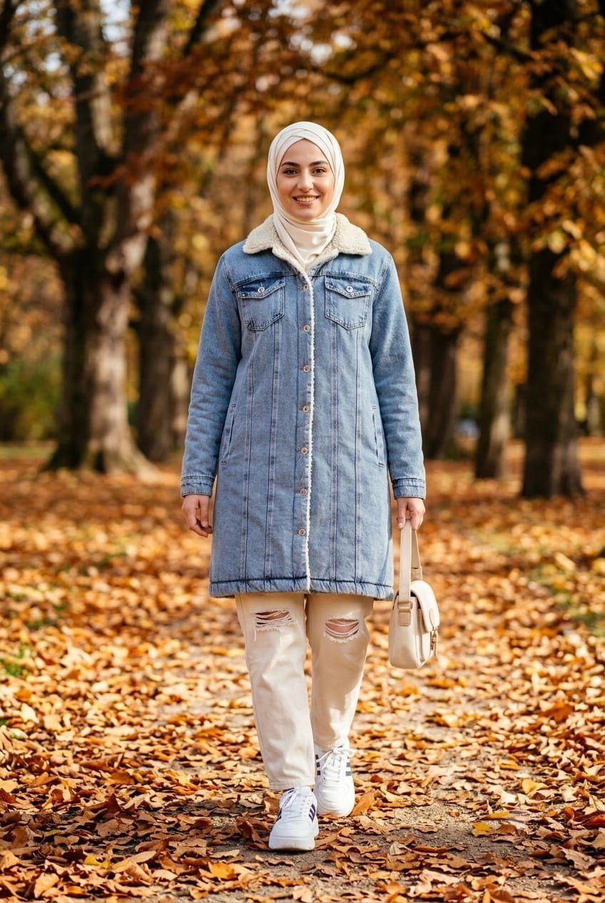 Kadın Düğmeli Cepli İçi Kürklü Kot Mavi Ceket