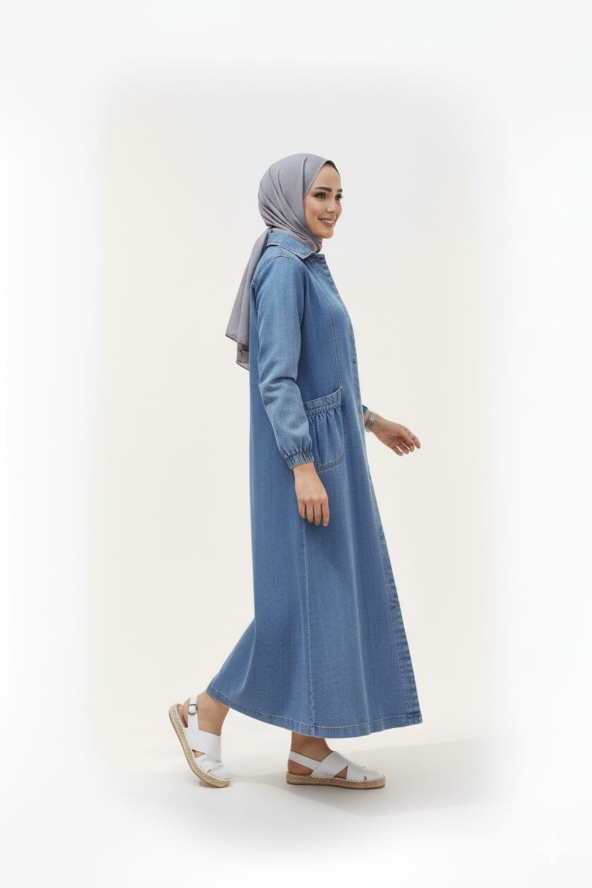 Kadın Düğmeli Cepli Kar Yıkamalı Denim Mavi Kot Kap