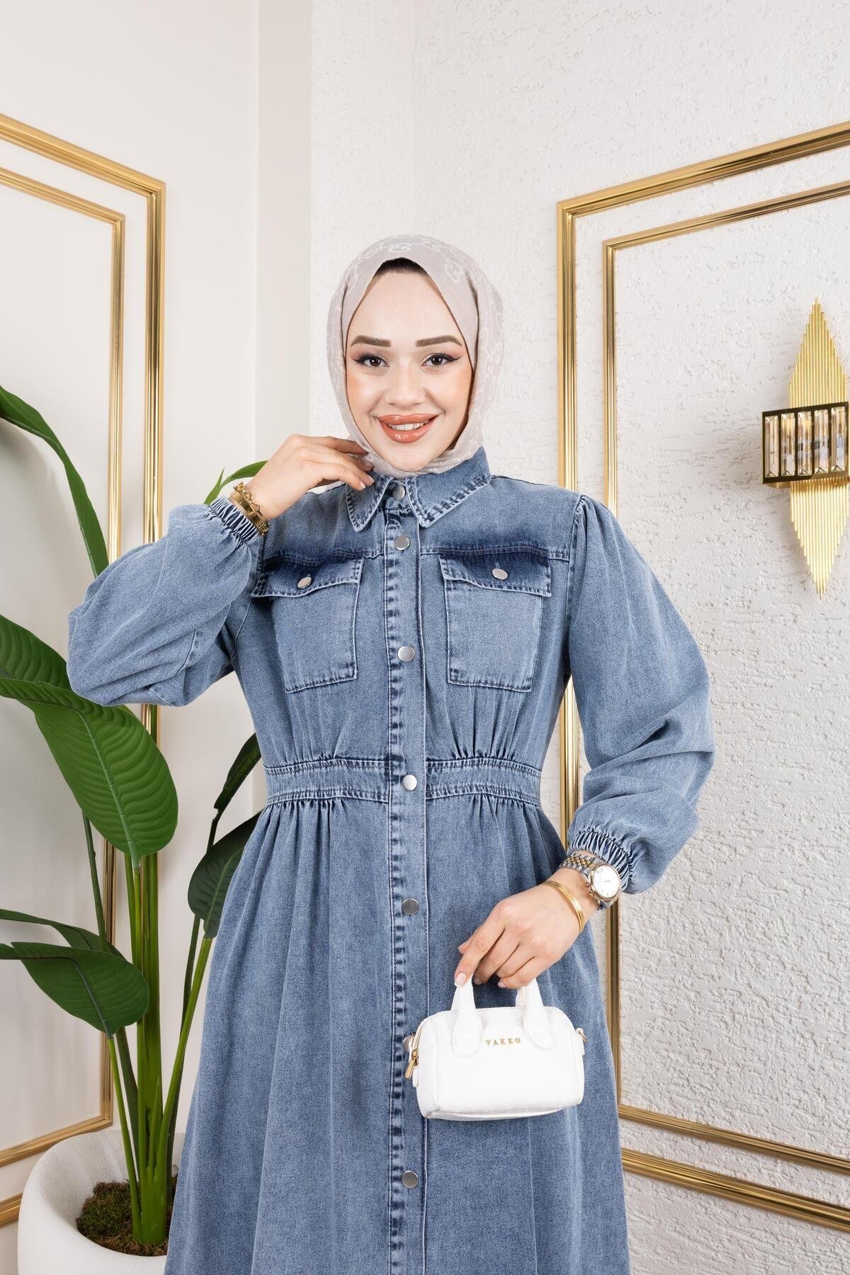 KADIN DÜĞMELİ CEPLİ KOT ELBİSE