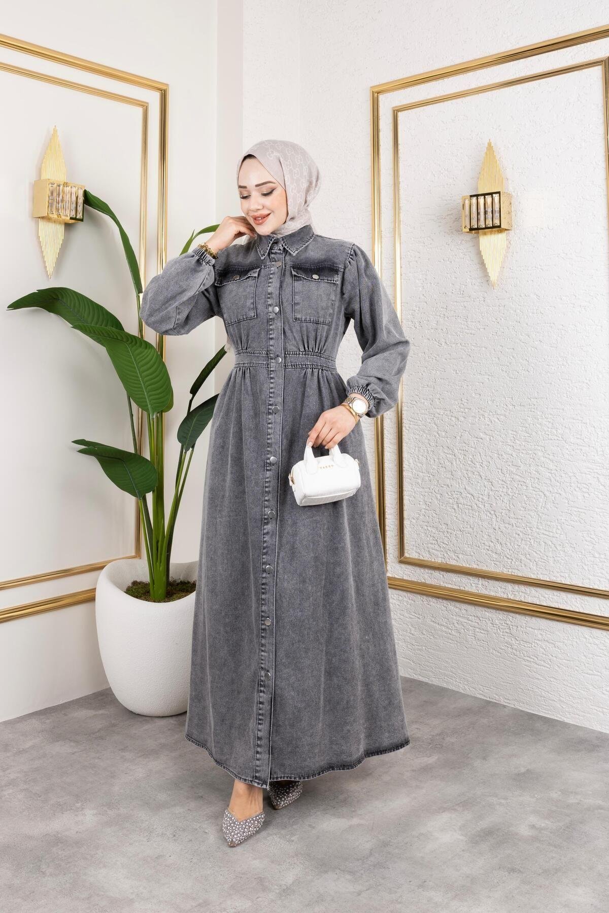 KADIN DÜĞMELİ CEPLİ KOT ELBİSE