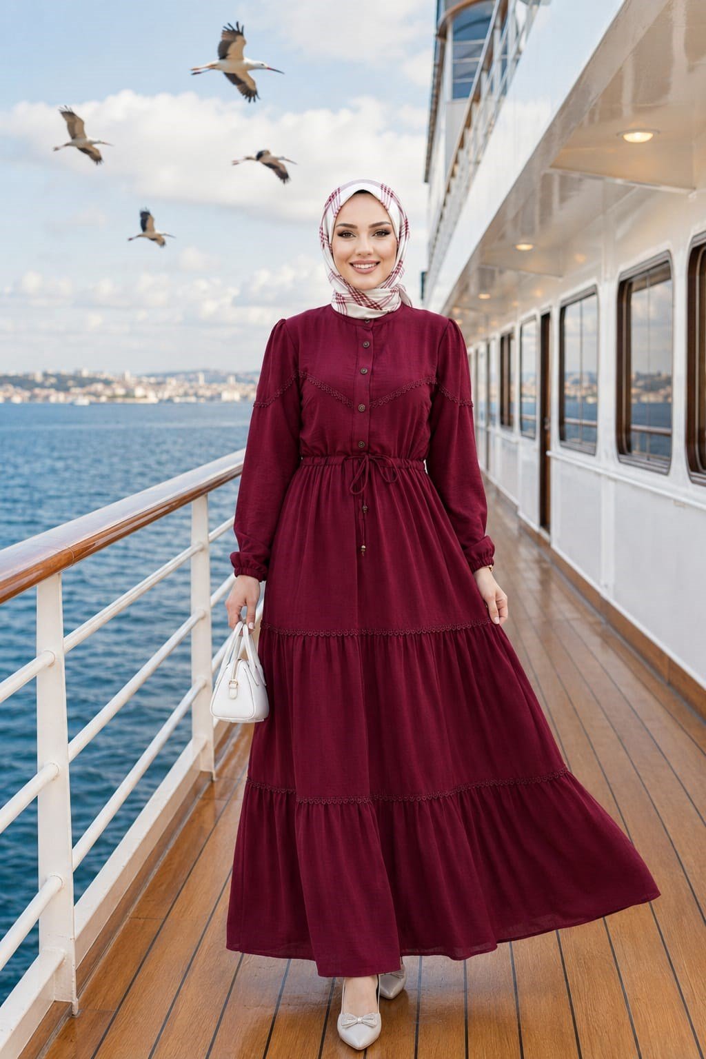 Kadın Düğmeli Dantel Detaylı Beli Bağcıklı Ayrobin Bordo Elbise