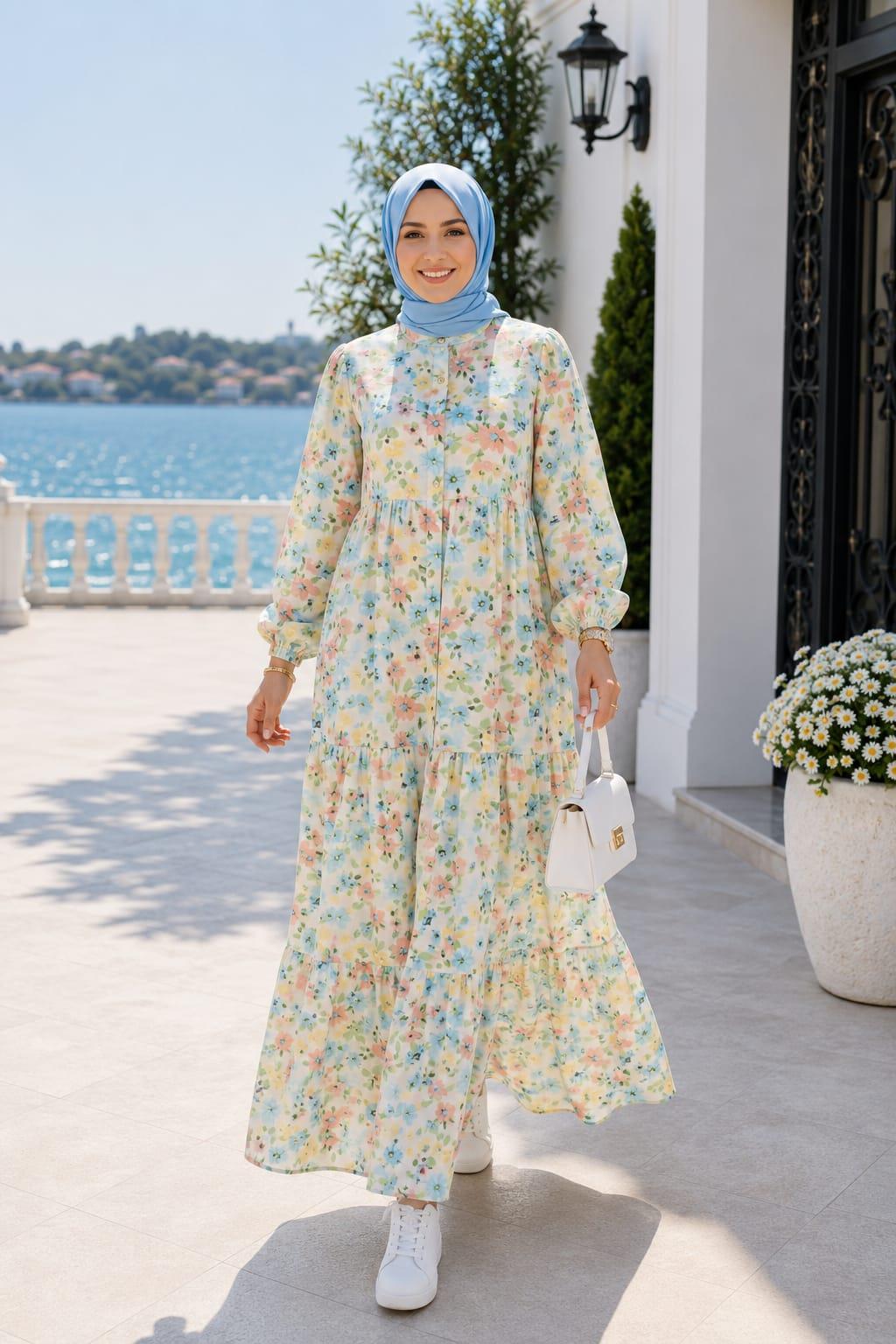Kadın Düğmeli Desenli Modal Kumaş Bej Elbise