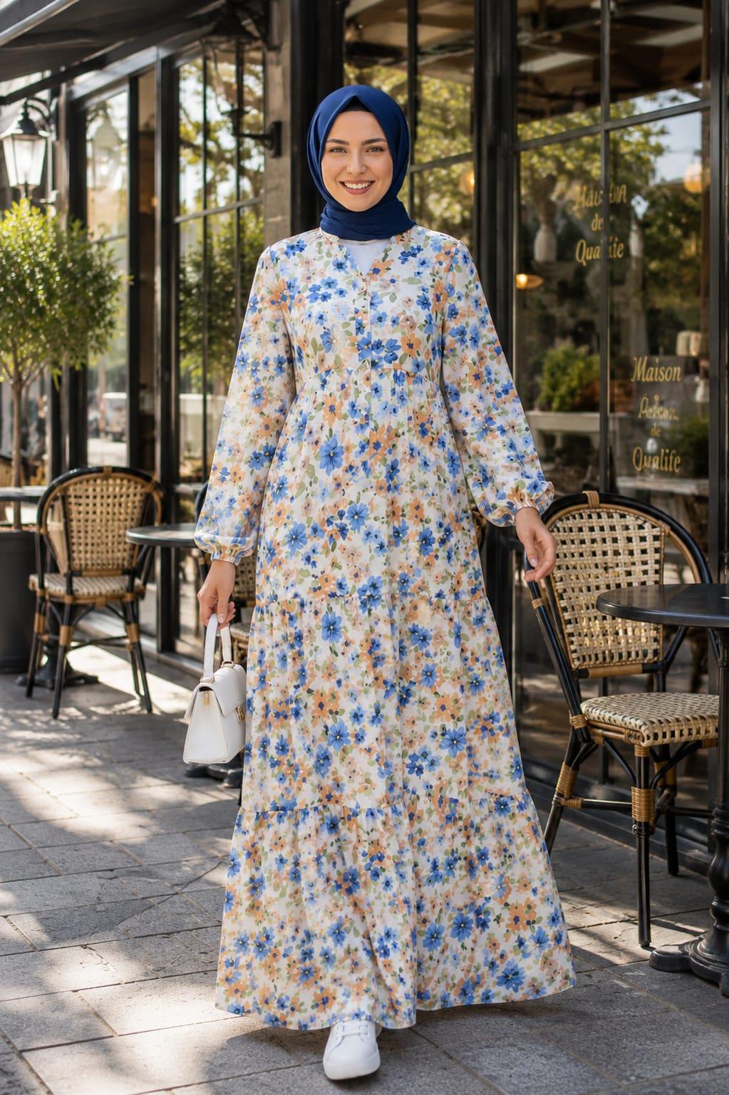 Kadın Düğmeli Desenli Modal Kumaş Mavi Elbise