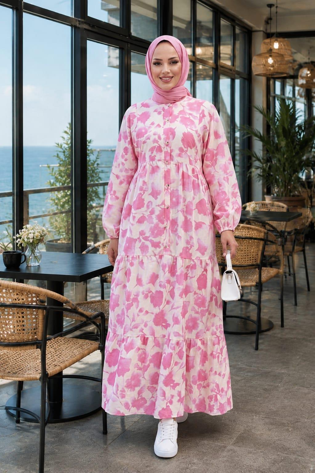 Kadın Düğmeli Desenli Modal Kumaş Pembe Elbise
