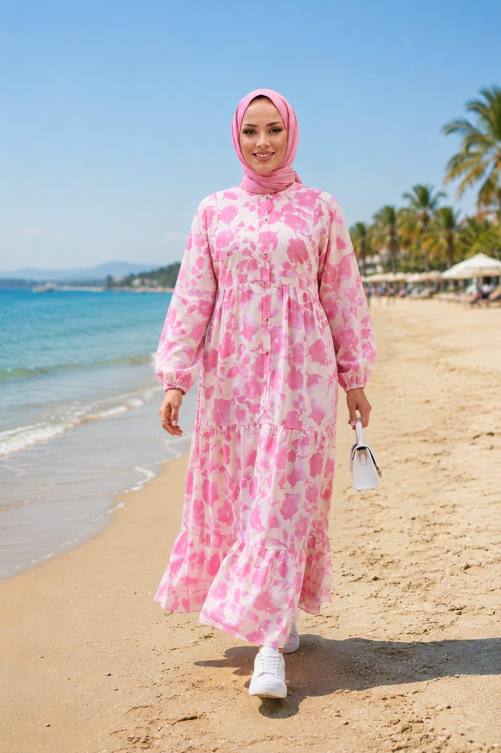 Kadın Düğmeli Desenli Modal Kumaş Pembe Elbise