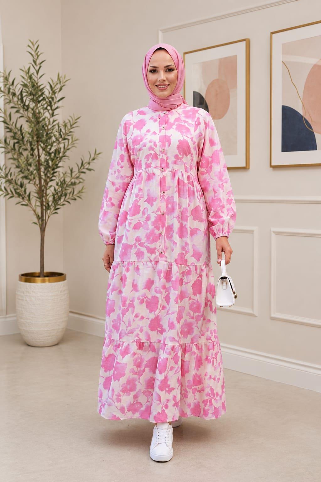 Kadın Düğmeli Desenli Modal Kumaş Pembe Elbise