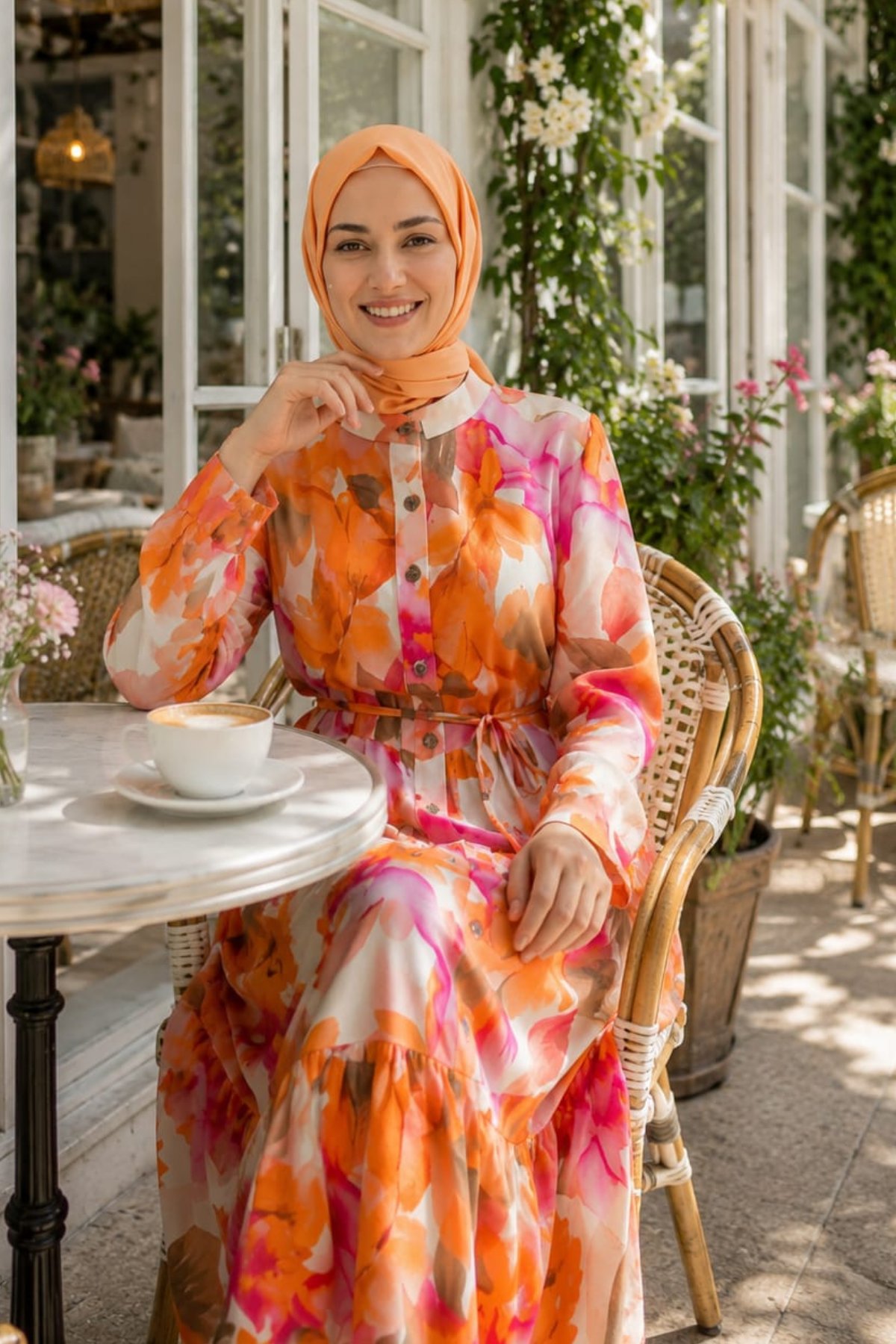Kadın Düğmeli Desenli   Modal Kumaş Turuncu Elbise