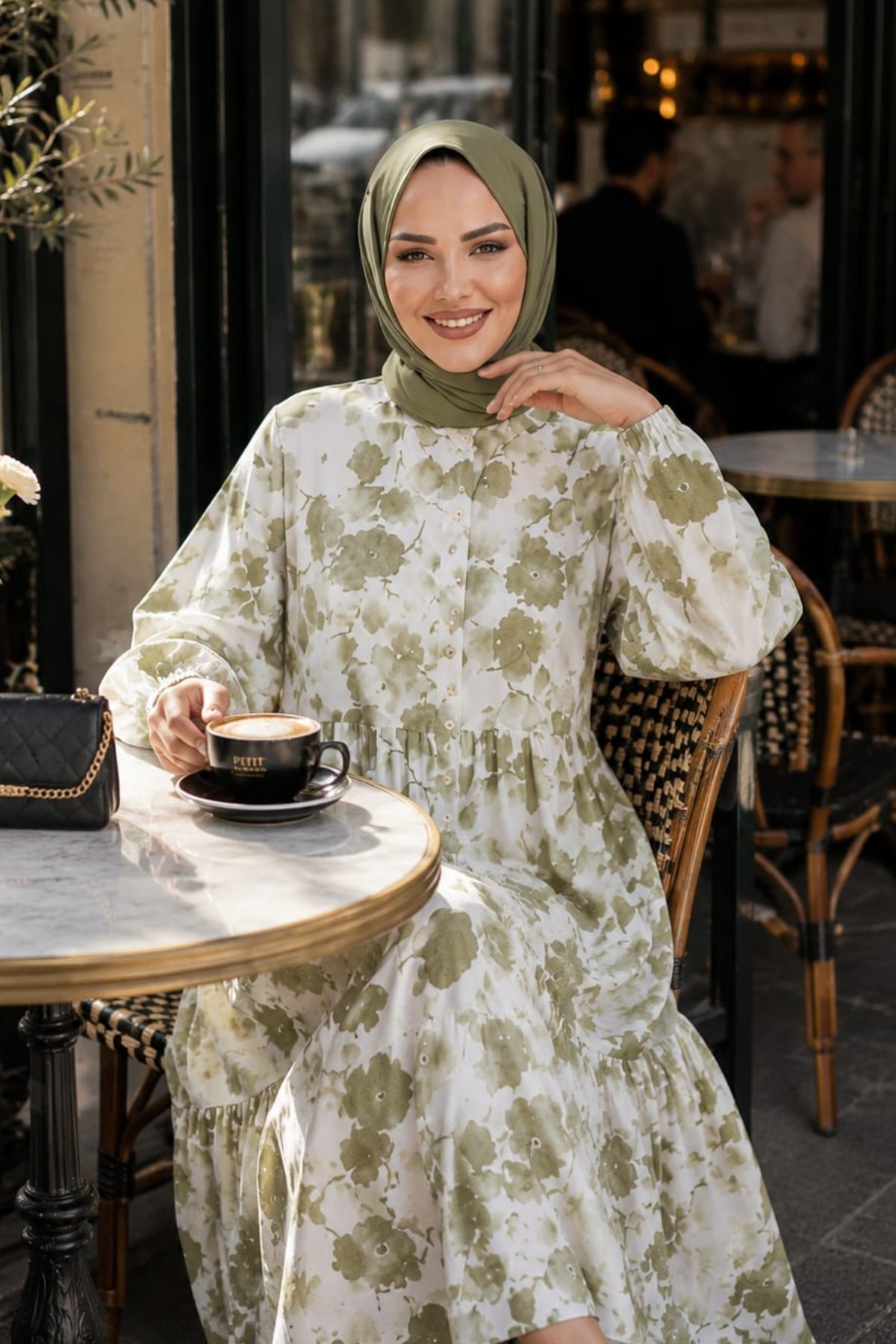 Kadın Düğmeli Desenli Modal Kumaş Yeşil Elbise