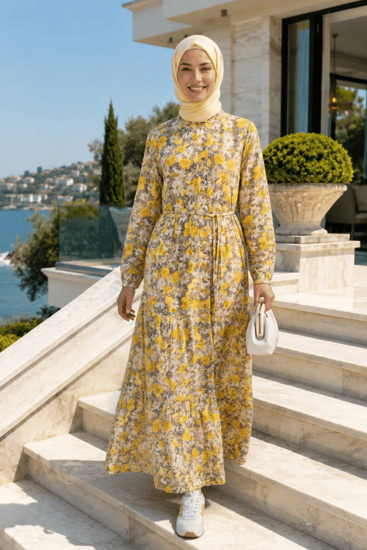Kadın Düğmeli Desenli Modal Sarı Elbise