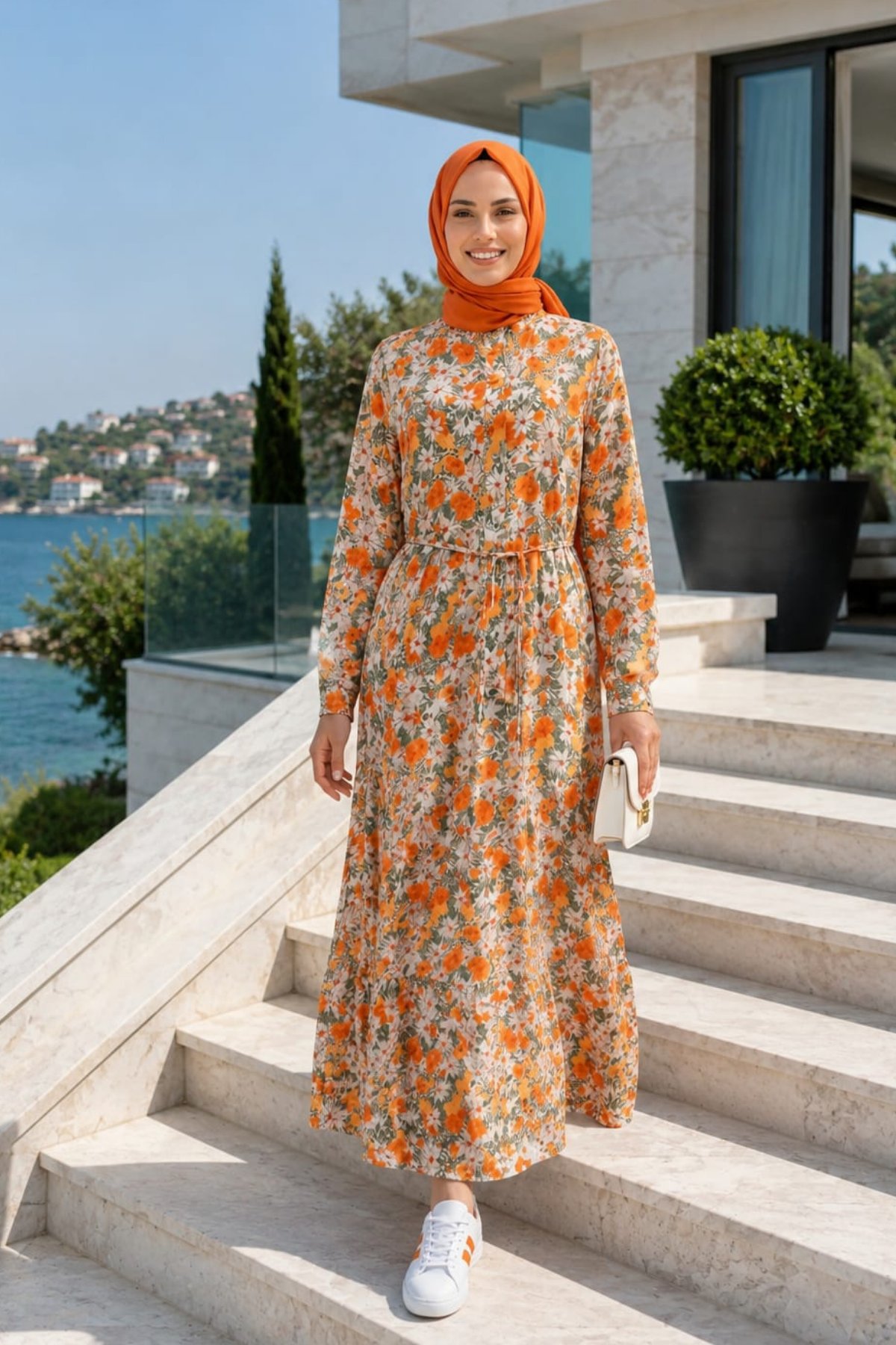 Kadın Düğmeli Desenli Modal Turuncu Elbise