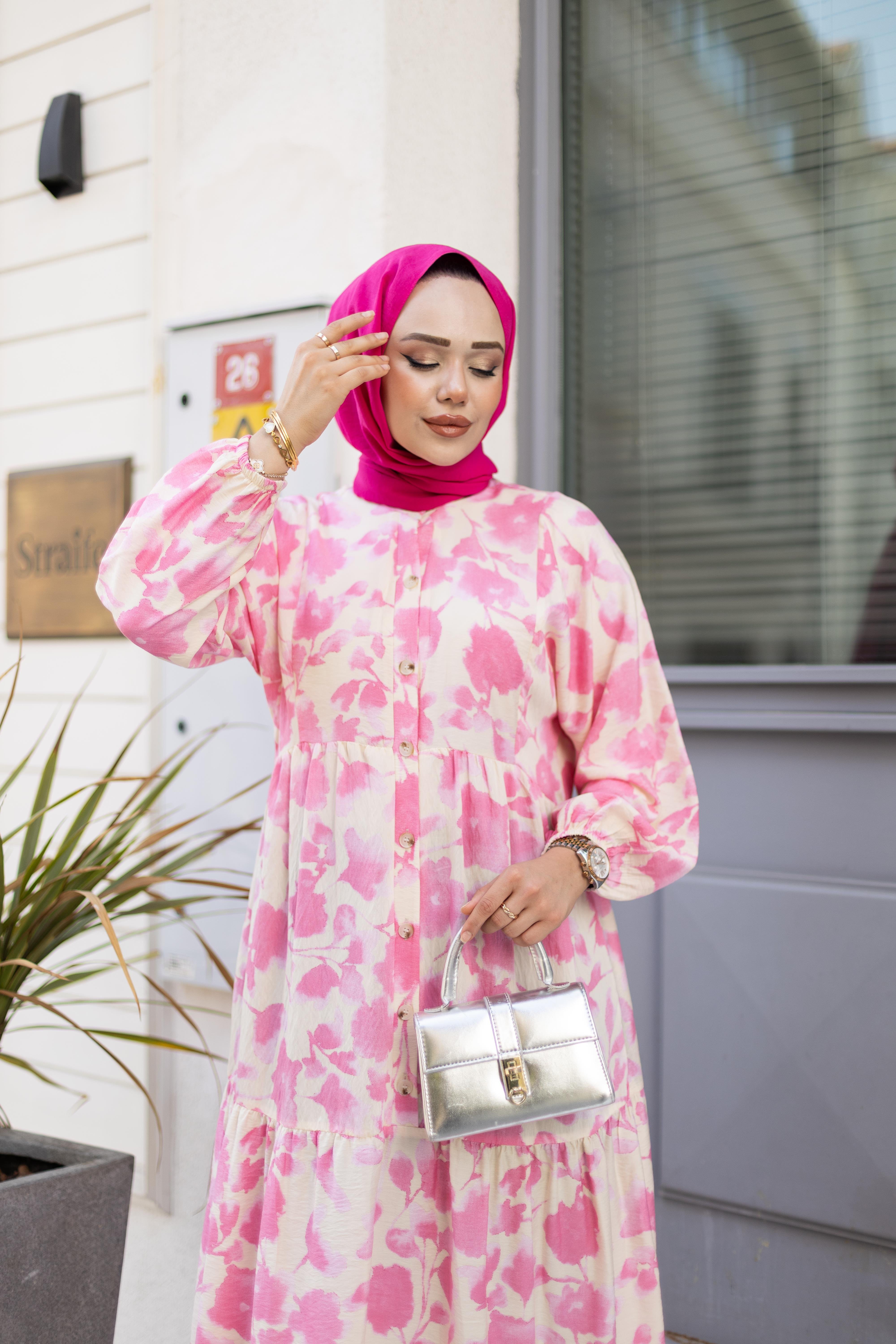 Kadın Düğmeli Desenli Pembe Modal Elbise