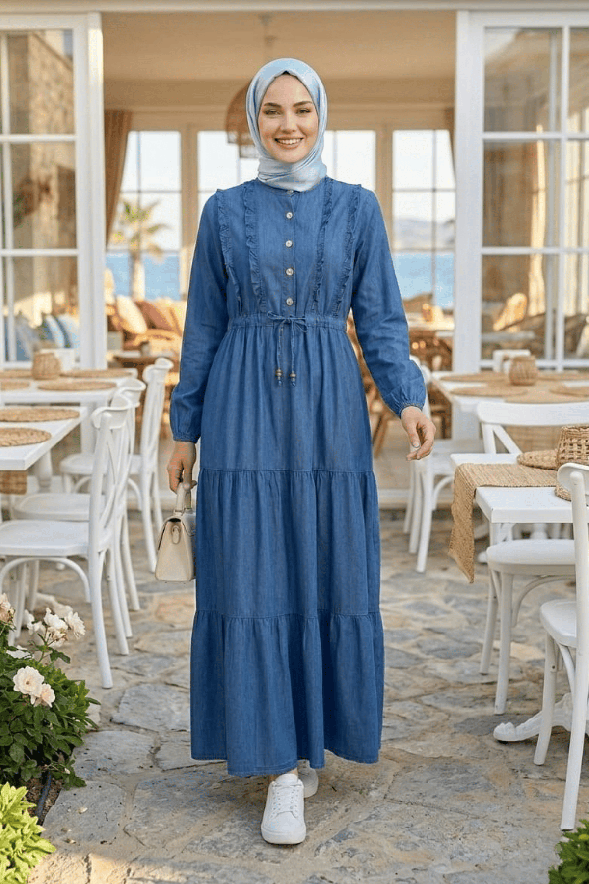 Kadın Düğmeli Fırfırlı Detaylı Koyu Mavi Kot  Elbise