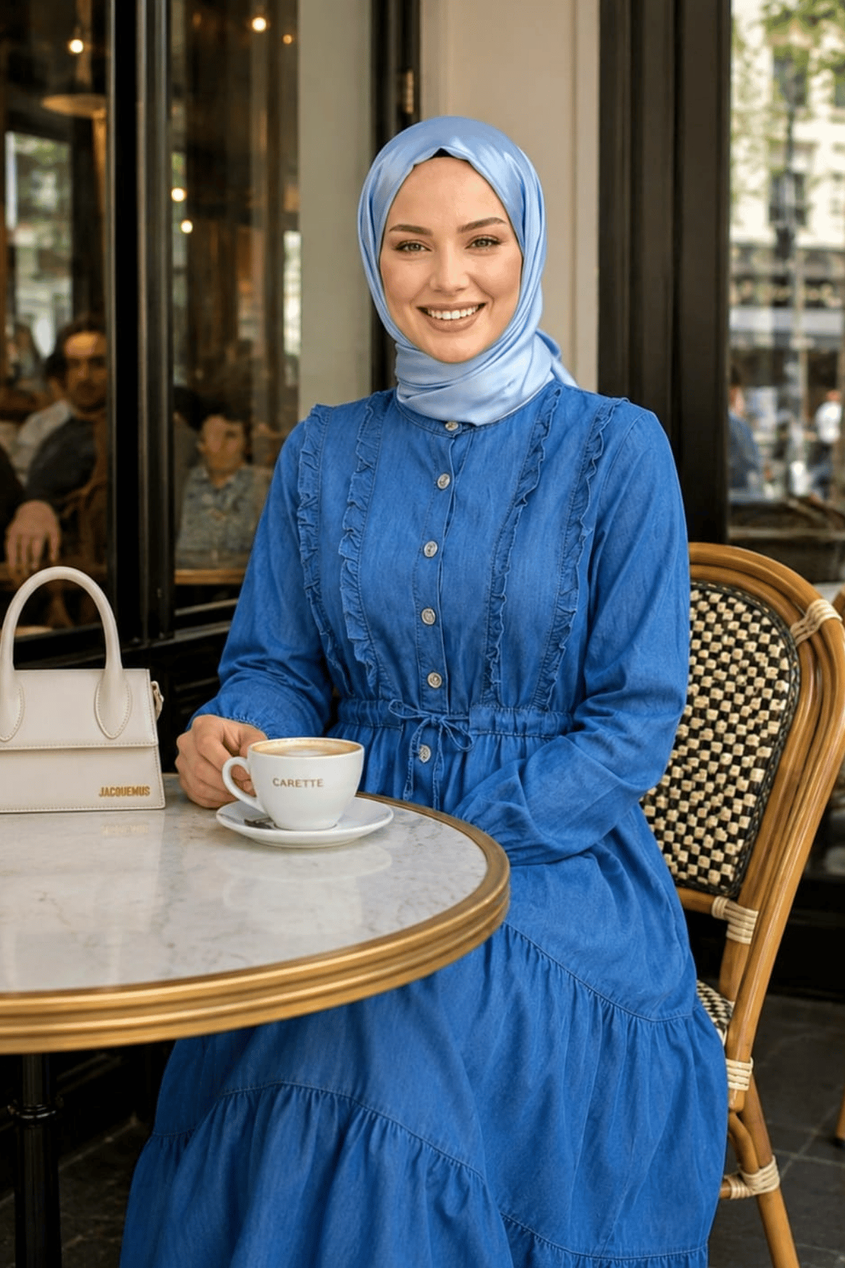 Kadın Düğmeli Fırfırlı Detaylı Koyu Mavi Kot  Elbise
