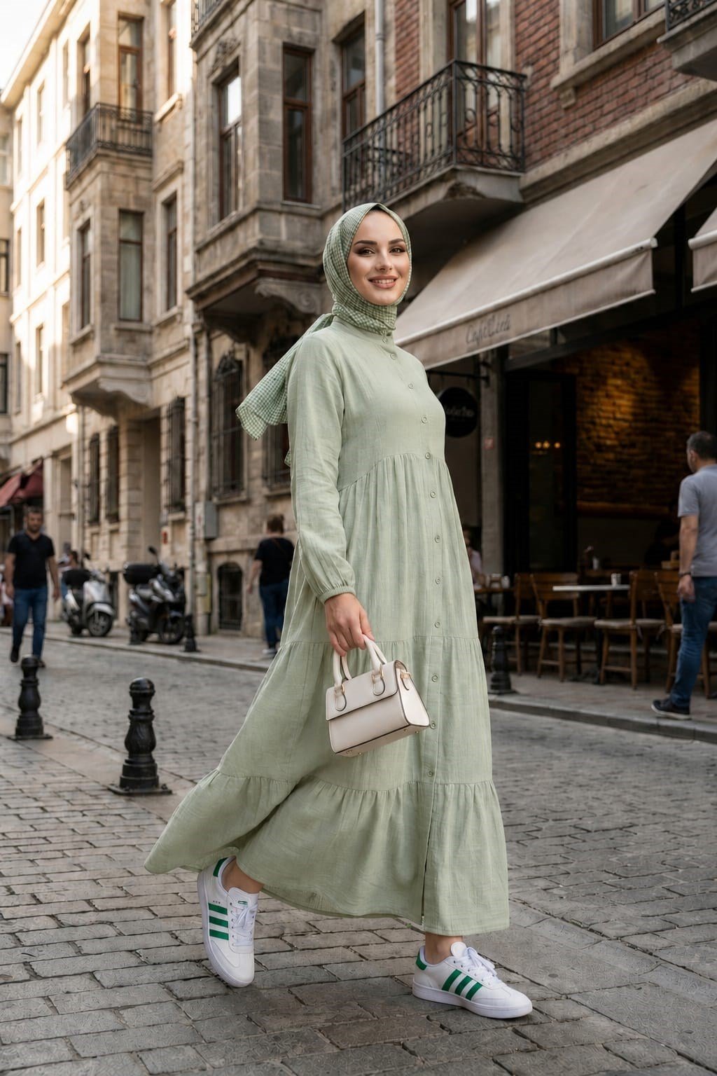 Kadın Düğmeli Kat Detaylı Keten Haki Elbise