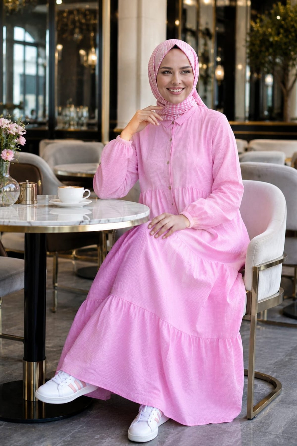 Kadın Düğmeli Kat Detaylı Keten Pembe Elbise