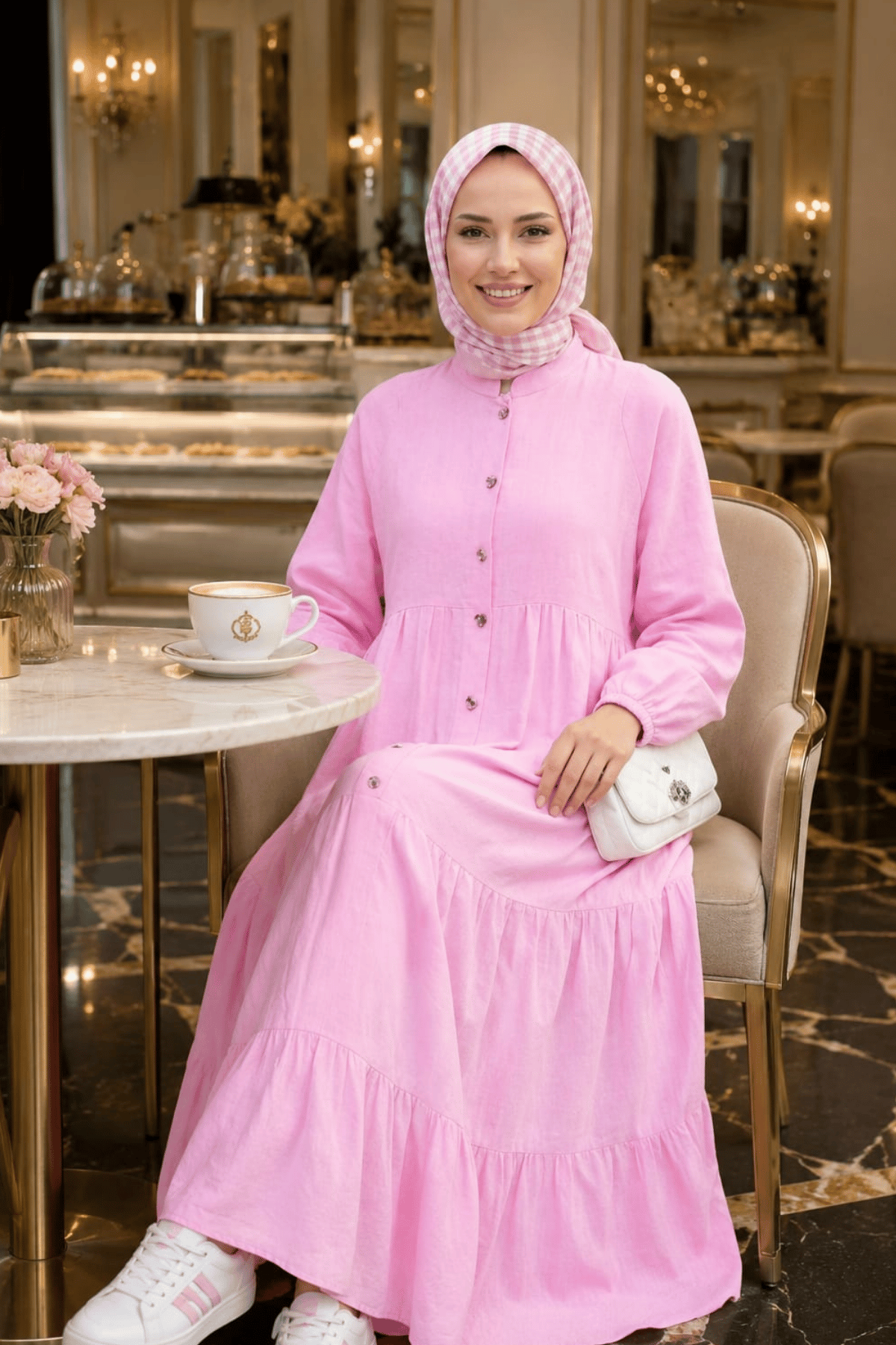 Kadın Düğmeli Kat Detaylı Keten Pembe Elbise