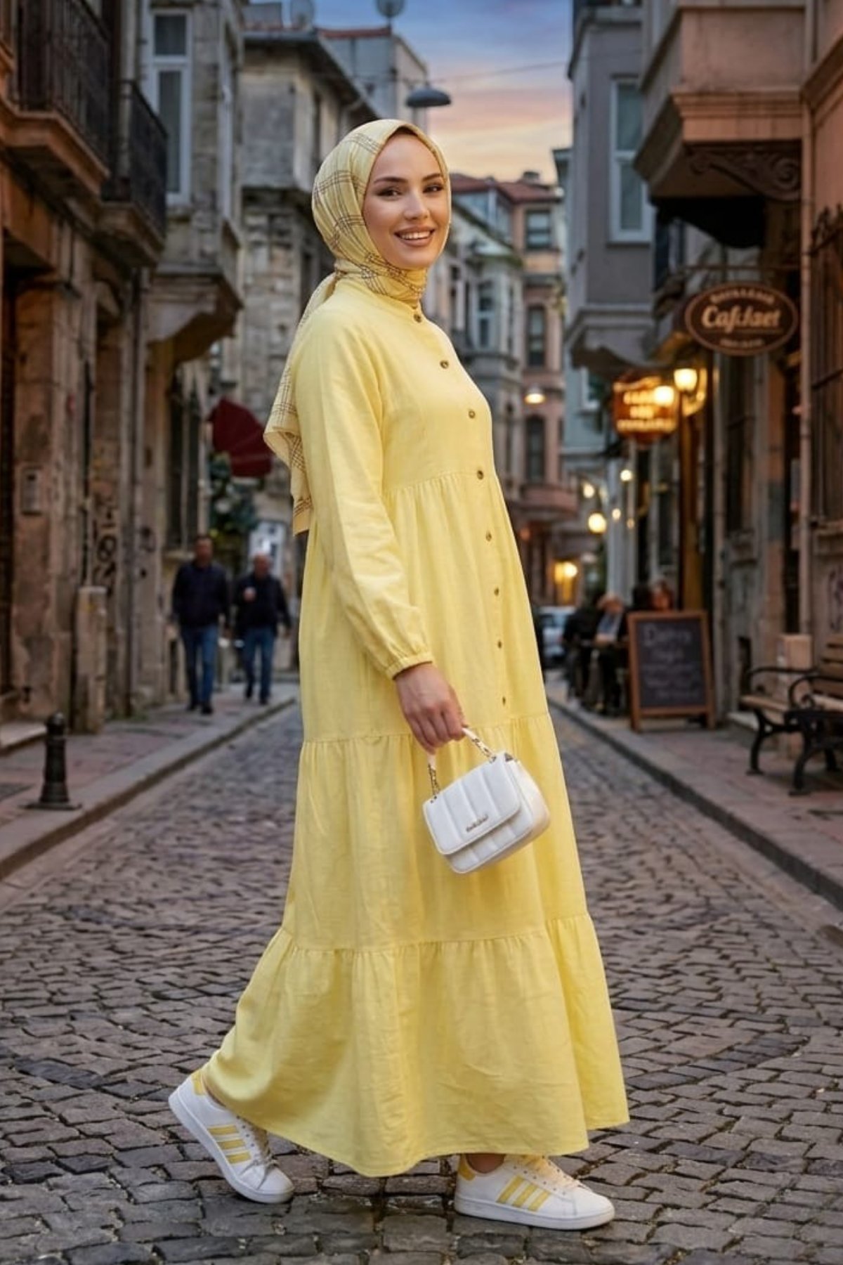 Kadın Düğmeli Kat Detaylı Keten Sarı Elbise