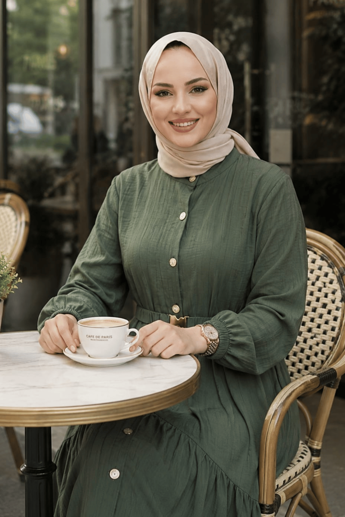Kadın Düğmeli Kemerli Çilek Kumaş Haki  Elbise