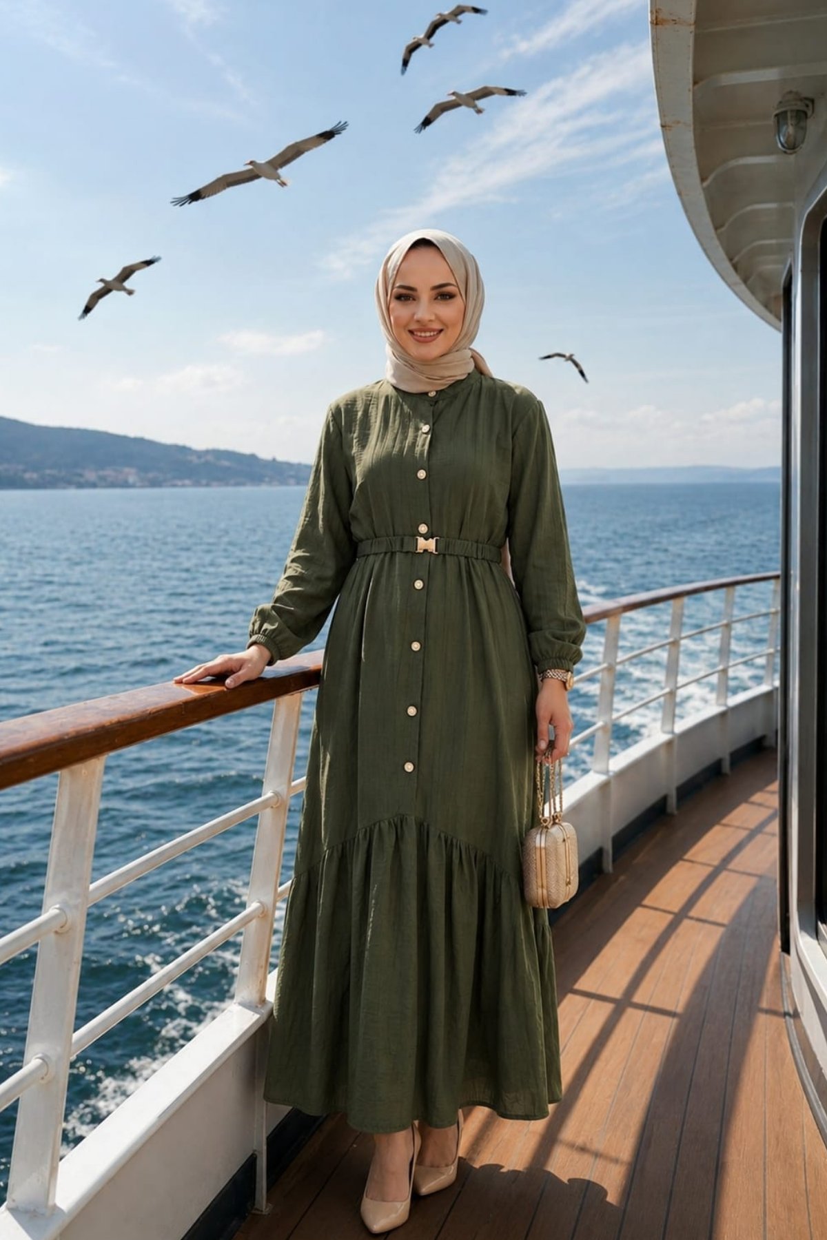 Kadın Düğmeli Kemerli Çilek Kumaş Haki  Elbise