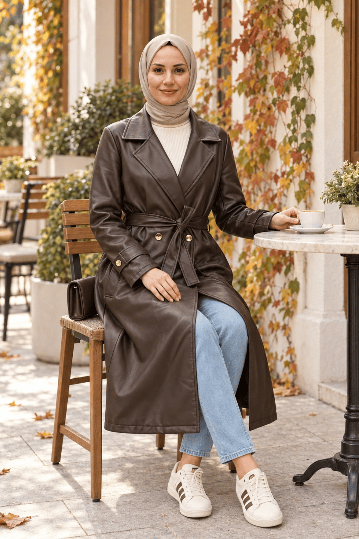 Kadın Düğmeli Kuşaklı Cepli Deri Kahverengi Trençkot