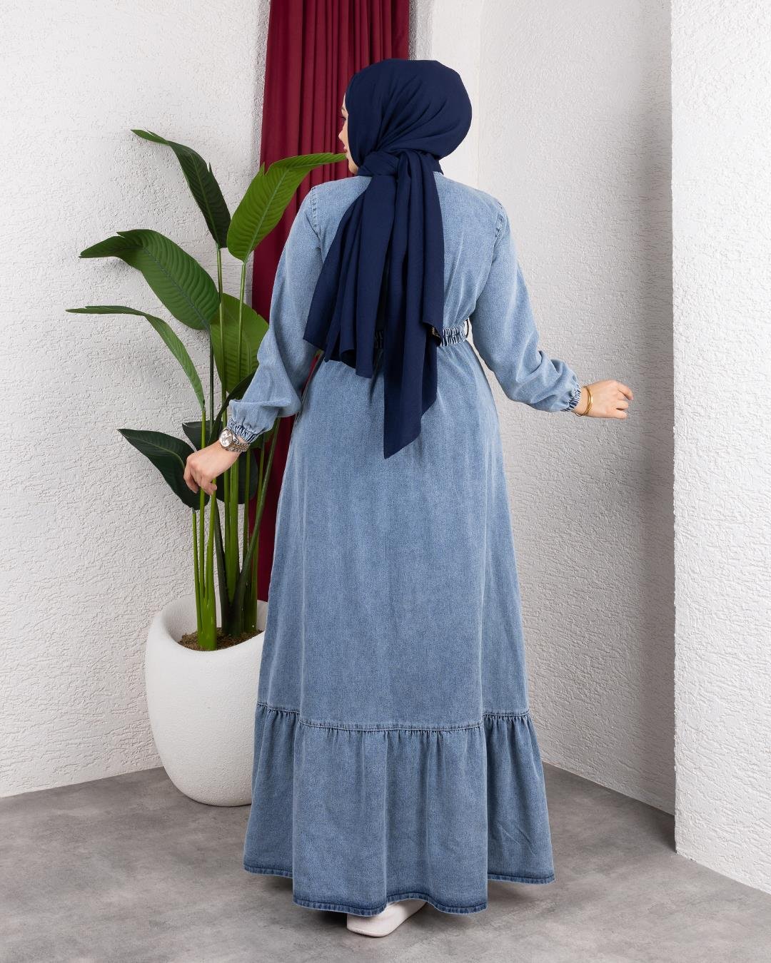 Kadın Düğmeli Kuşaklı Denim Kot Mavi Elbise