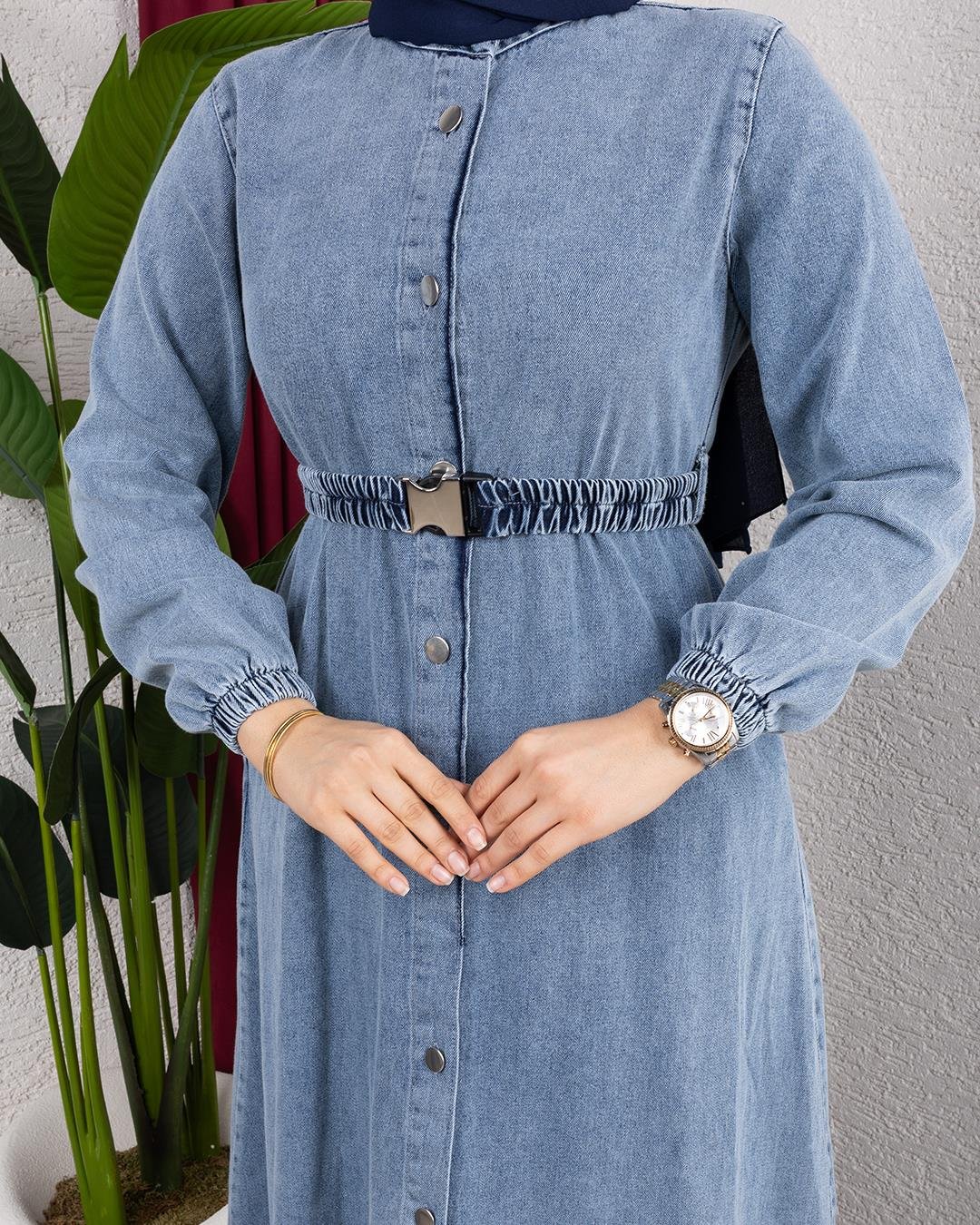 Kadın Düğmeli Kuşaklı Denim Kot Mavi Elbise