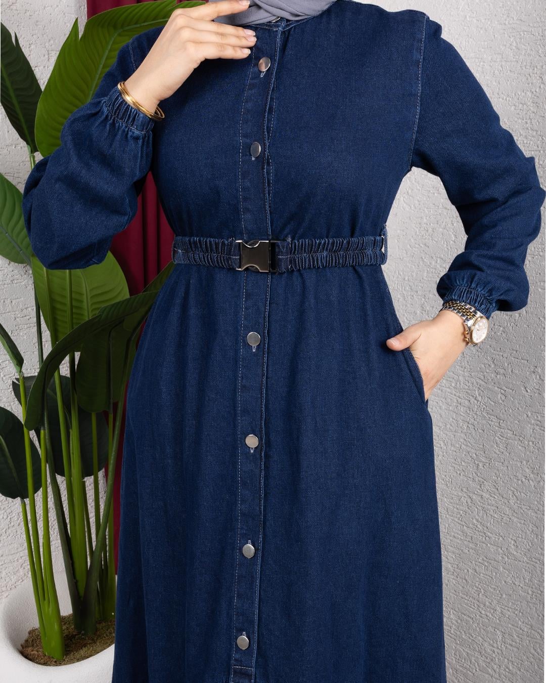 Kadın Düğmeli Kuşaklı Denim Koyu Kot Mavi Elbise