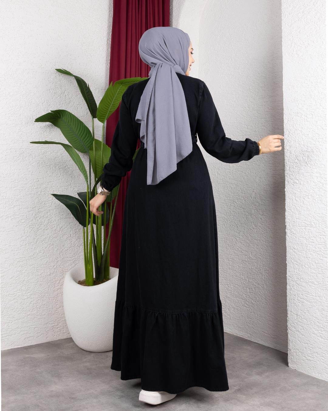 Kadın Düğmeli Kuşaklı Denim Siyah Kot Elbise