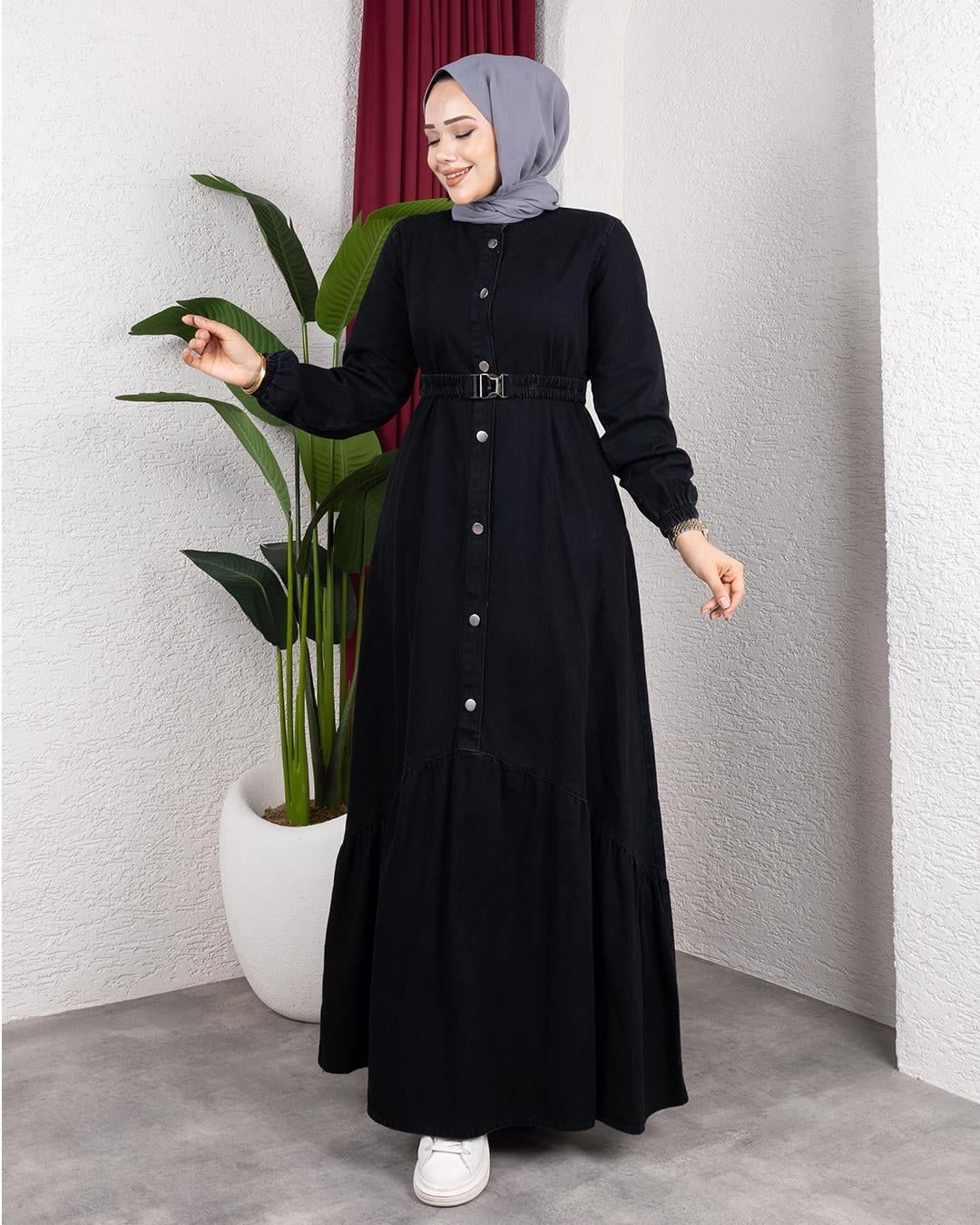 Kadın Düğmeli Kuşaklı Denim Siyah Kot Elbise