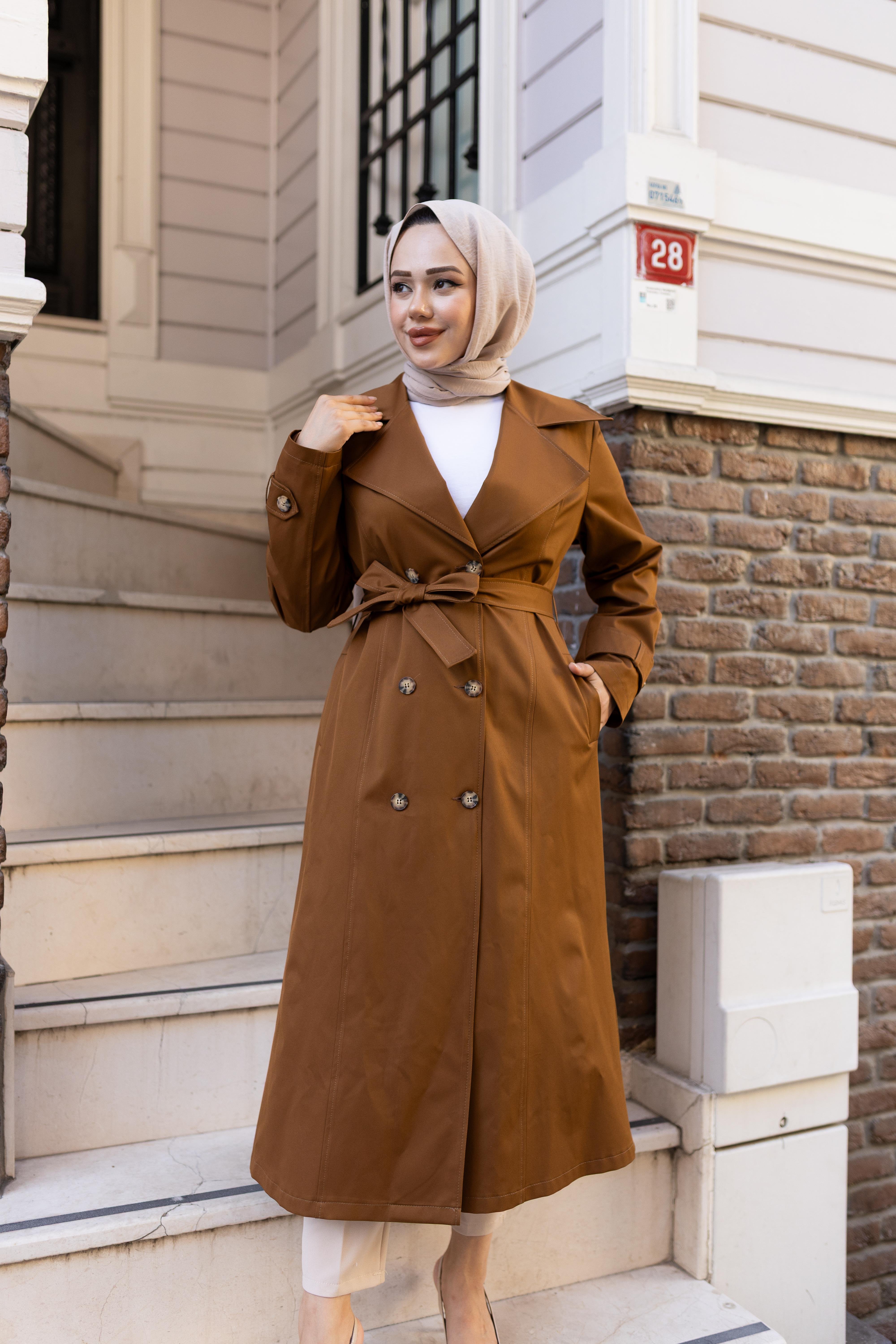 Kadın Düğmeli Kuşaklı Taba Trençkot