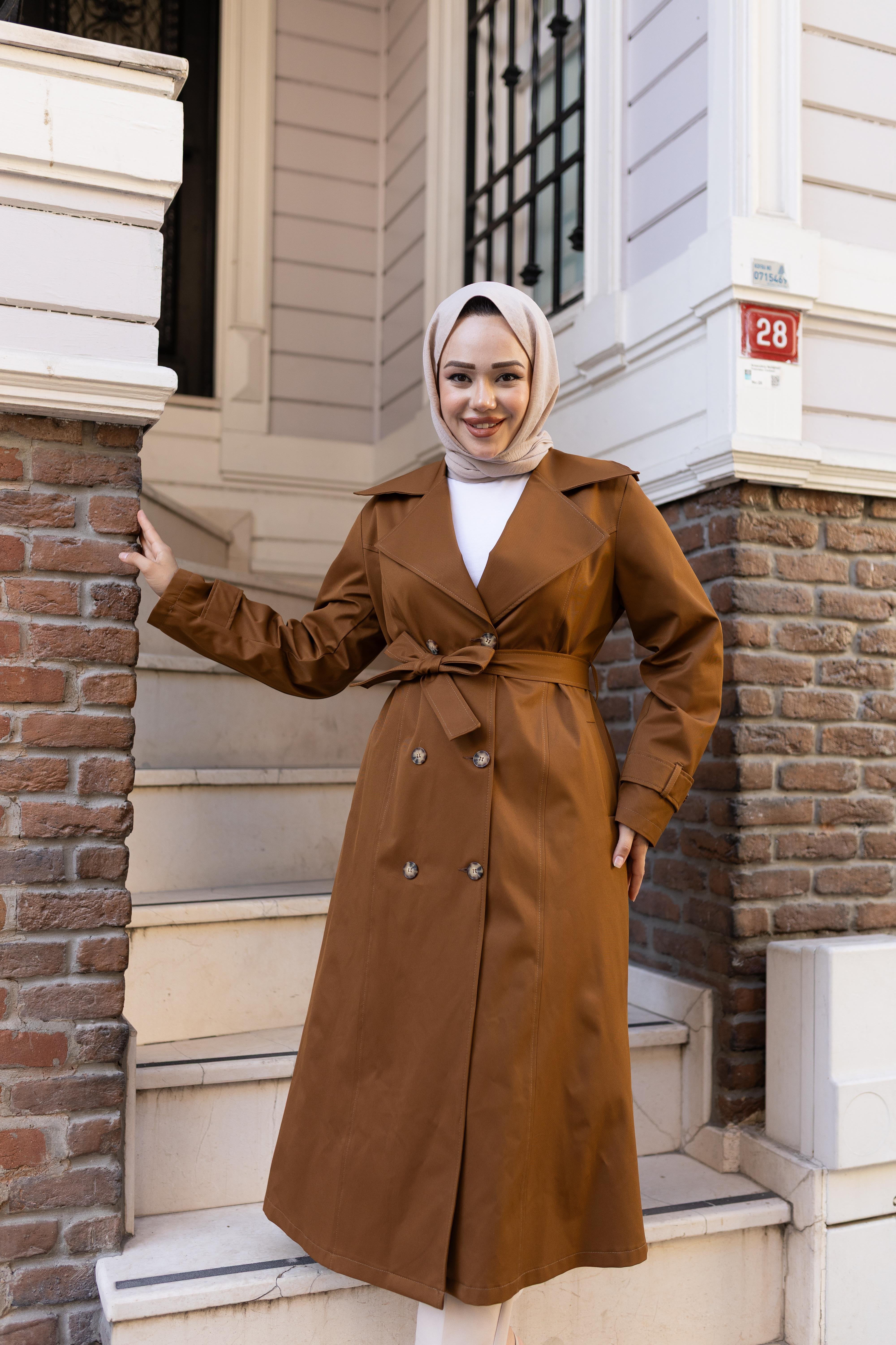 Kadın Düğmeli Kuşaklı Taba Trençkot