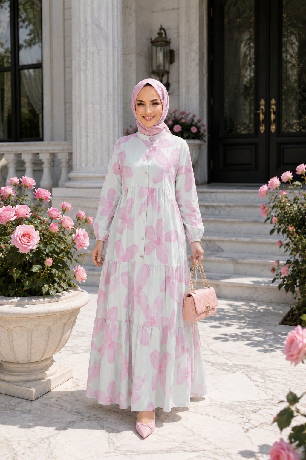Kadın Düğmeli Modal Desenl Pembe Elbise